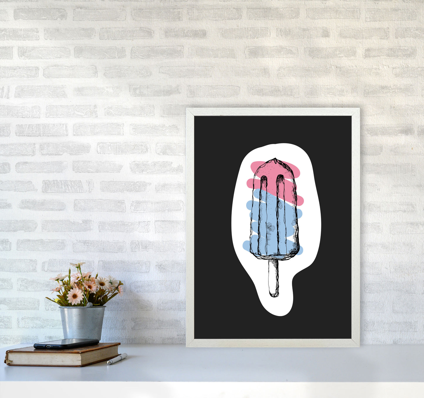 Kitchen Pop Ice Lolly Off Black Art Print by Pixy Paper A2 Oak Frame