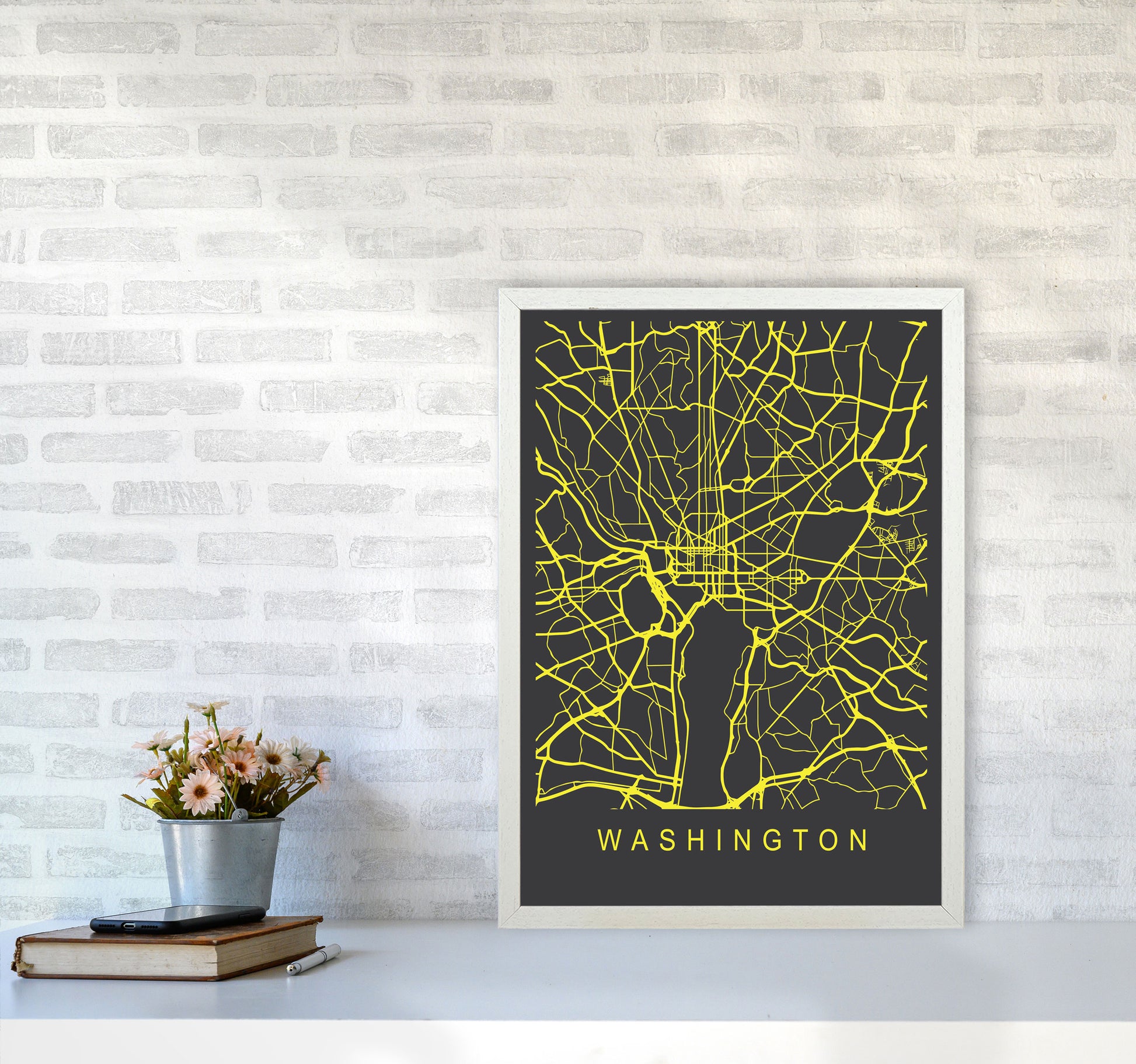 Washington Map Neon Art Print by Pixy Paper A2 Oak Frame