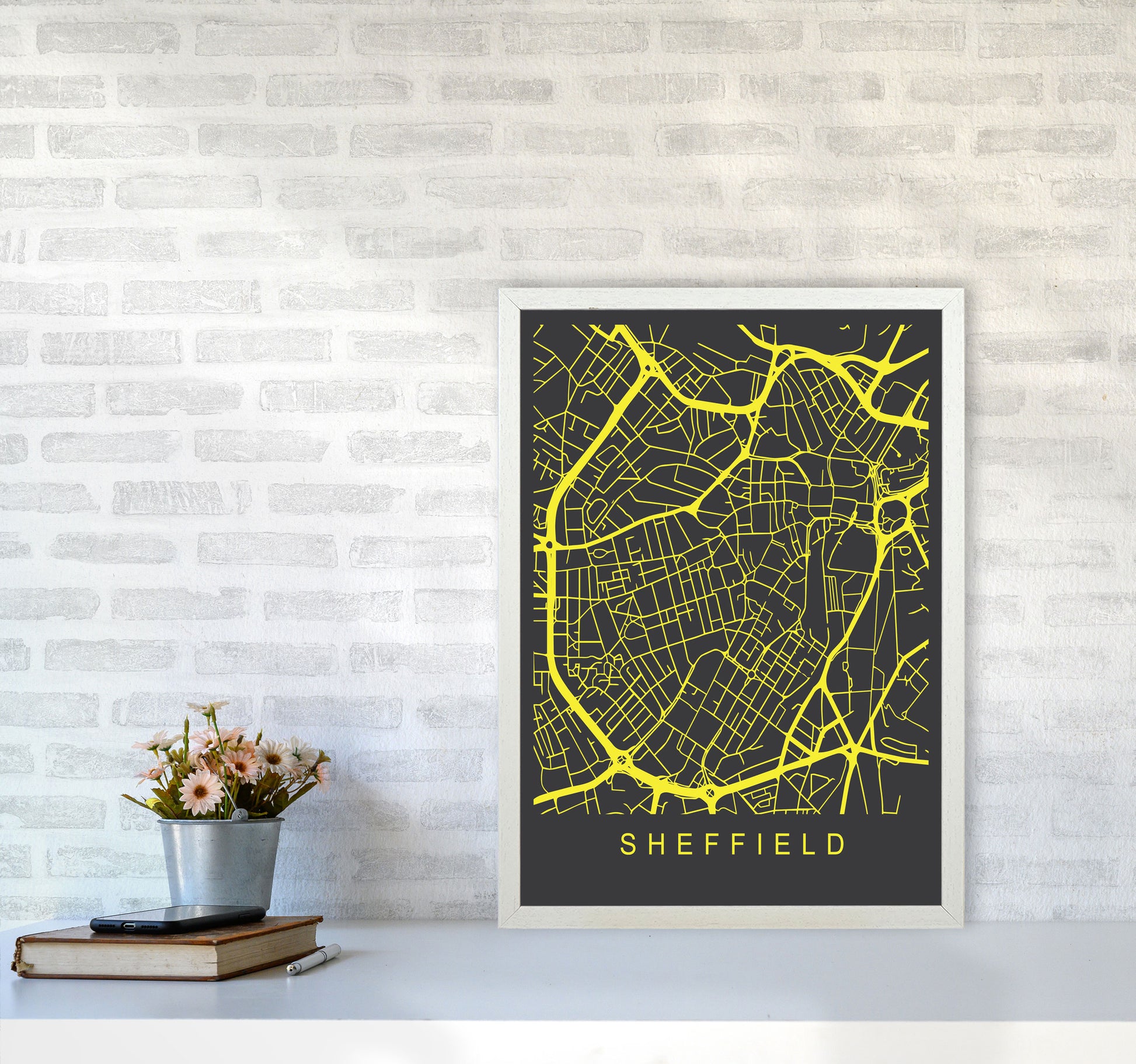 Sheffield Map Neon Art Print by Pixy Paper A2 Oak Frame