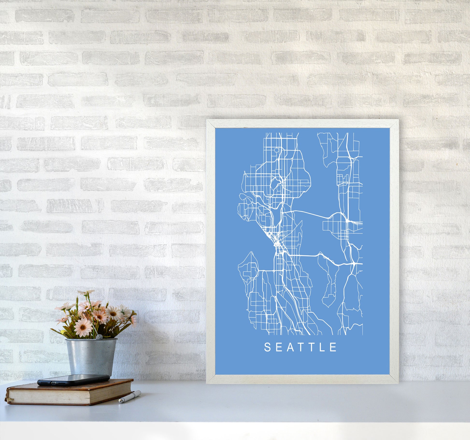 Seattle Map Blueprint Art Print by Pixy Paper A2 Oak Frame