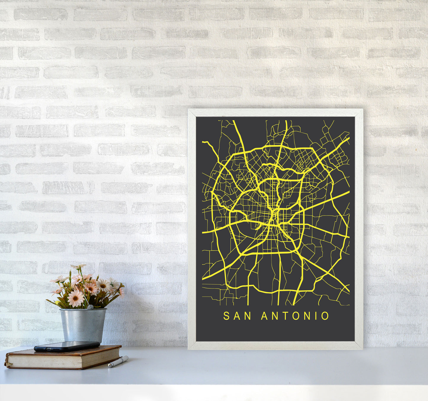 San Antonio Map Neon Art Print by Pixy Paper A2 Oak Frame