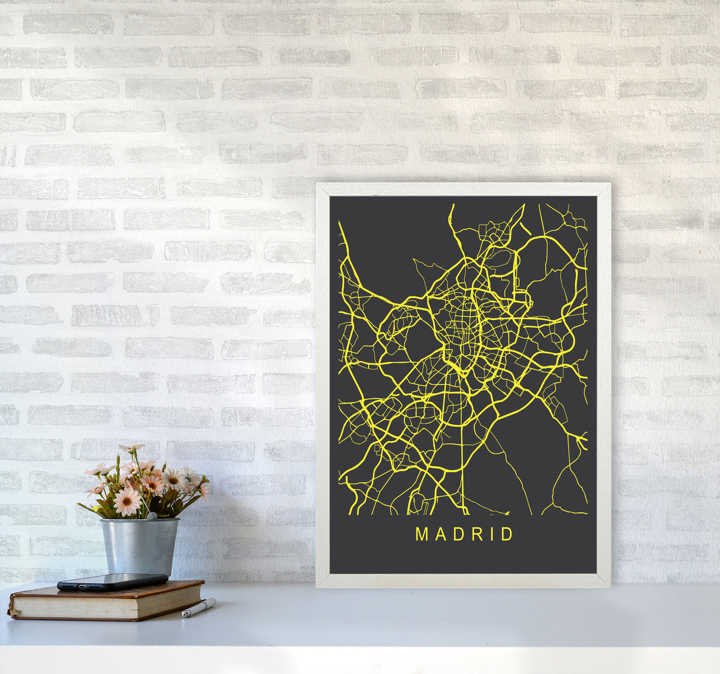 Madrid Map Neon Art Print by Pixy Paper A2 Oak Frame