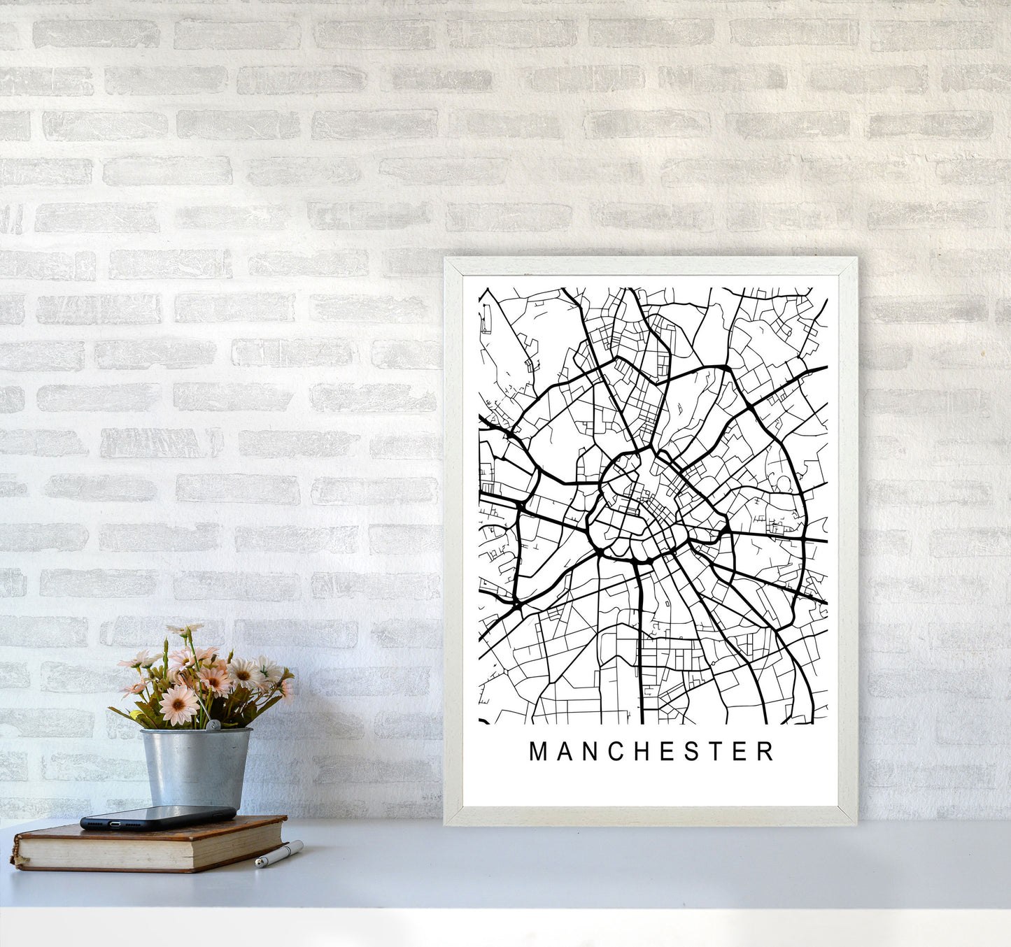Manchester Map Art Print by Pixy Paper A2 Oak Frame
