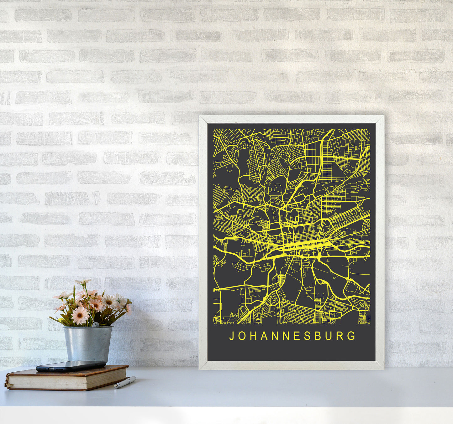 Johannesburg Map Neon Art Print by Pixy Paper A2 Oak Frame