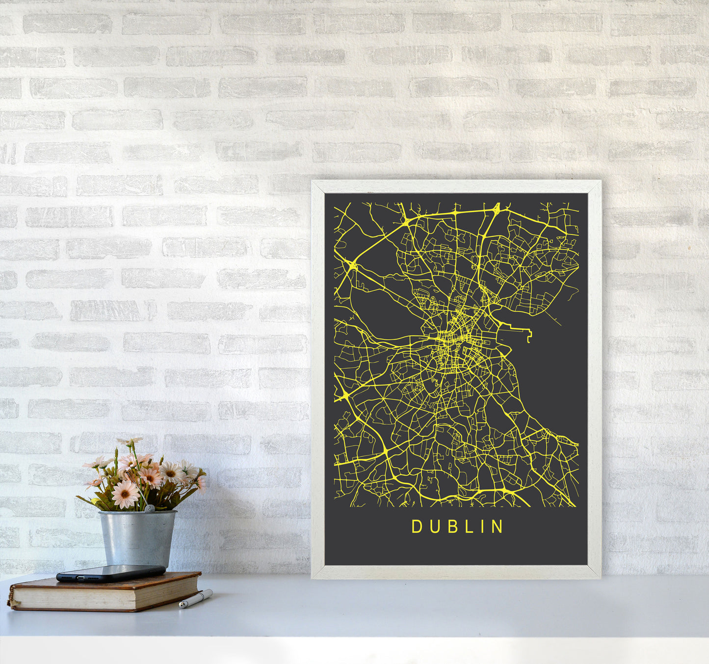 Dublin Map Neon Art Print by Pixy Paper A2 Oak Frame