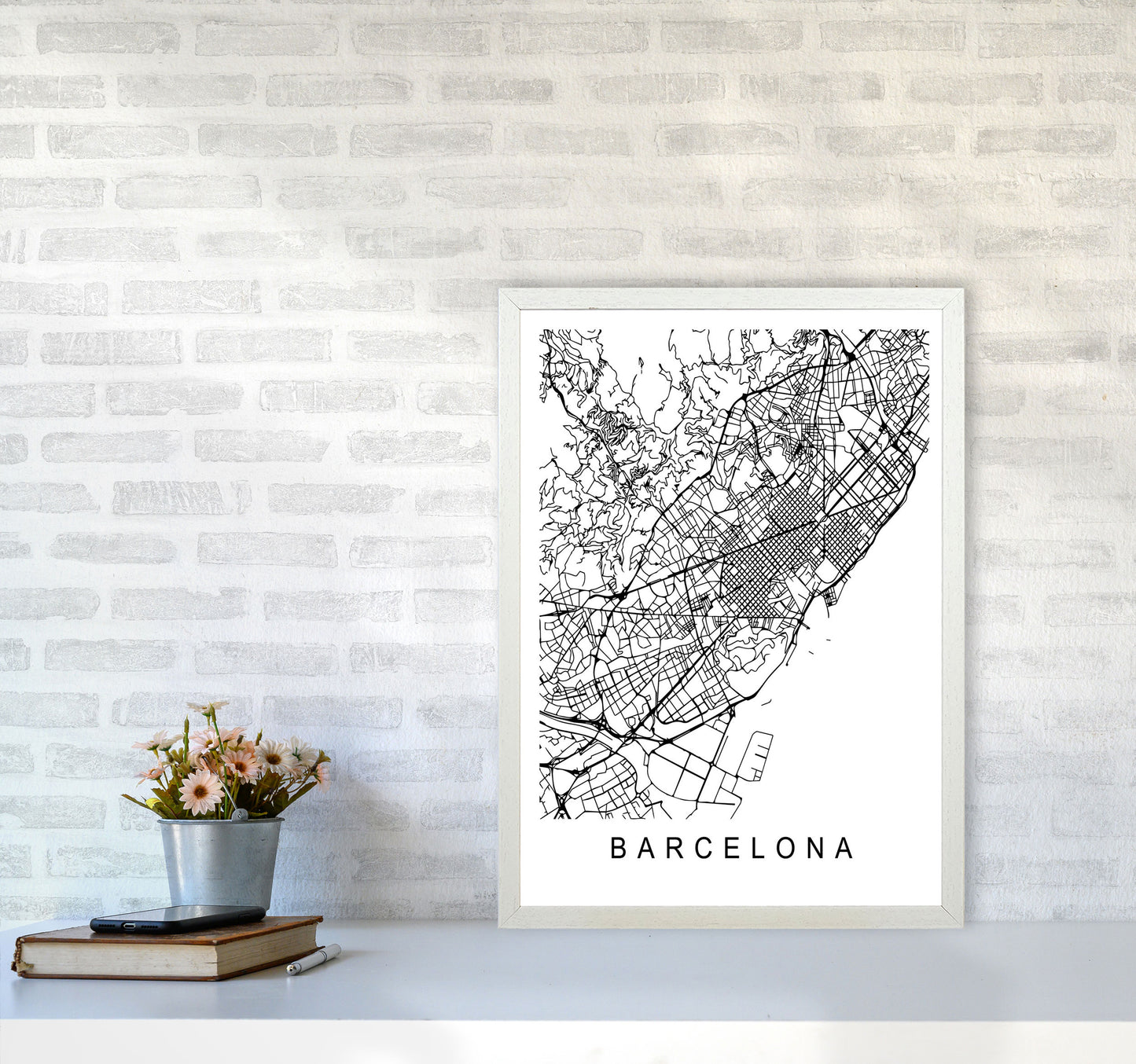 Barcelona Map Art Print by Pixy Paper A2 Oak Frame