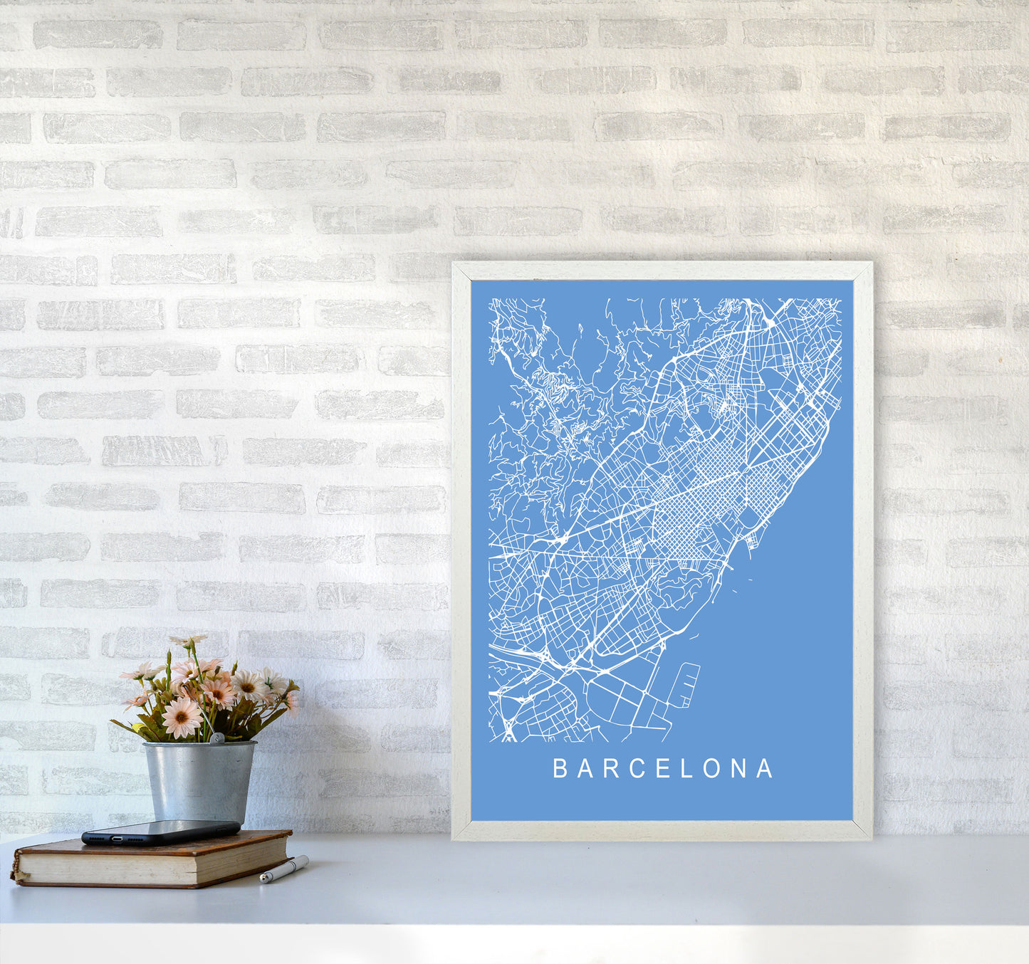 Barcelona Map Blueprint Art Print by Pixy Paper A2 Oak Frame