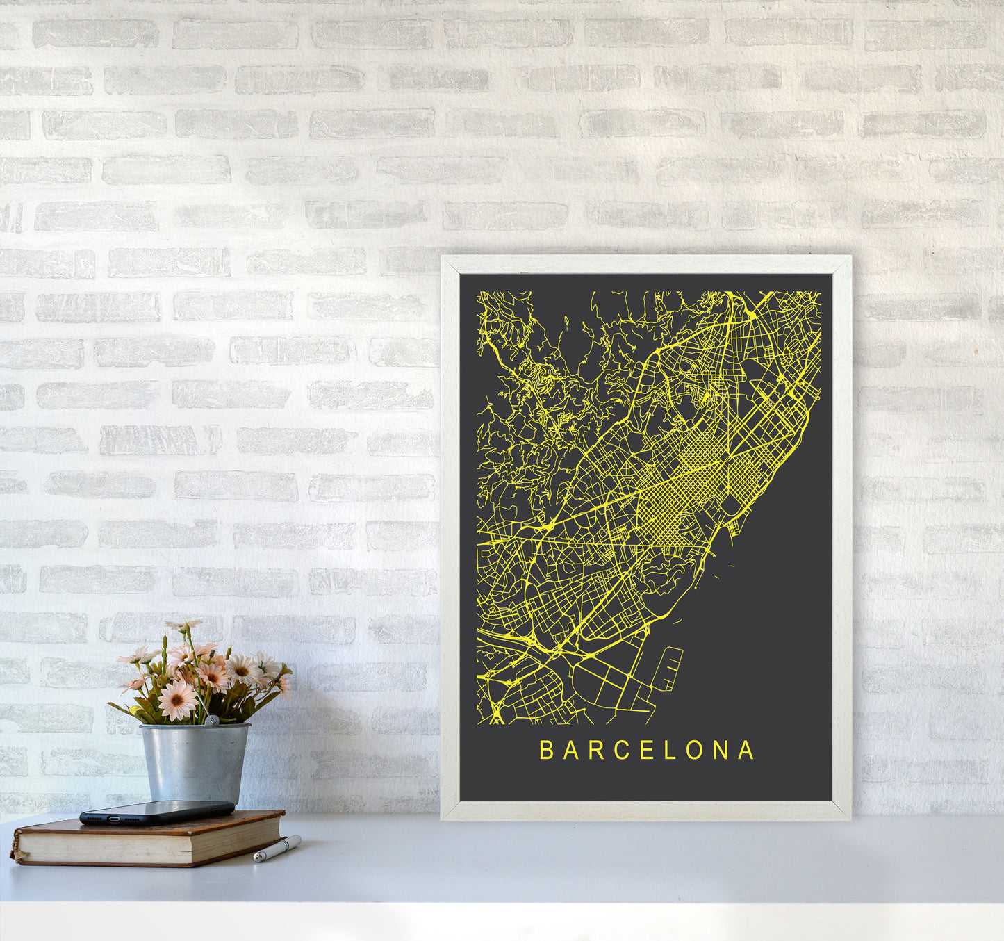 Barcelona Map Neon Art Print by Pixy Paper A2 Oak Frame