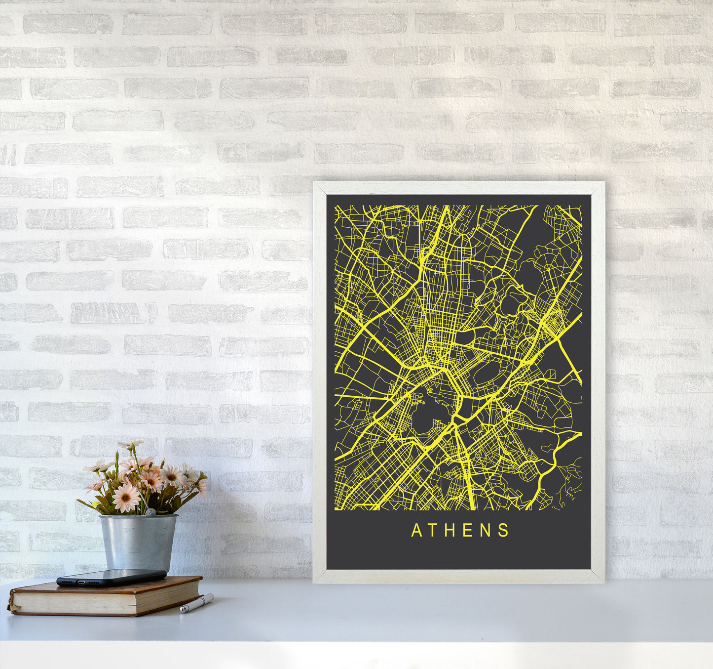 Athens Map Neon Art Print by Pixy Paper A2 Oak Frame