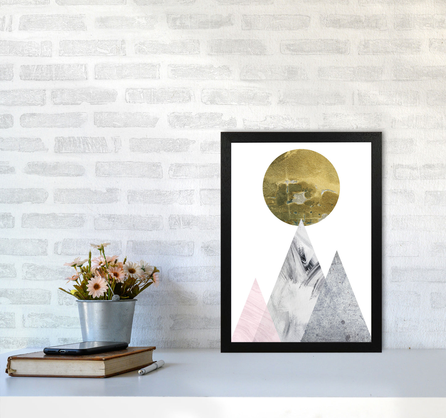 Pink And Grey Mountains Abstract Modern Print A3 White Frame