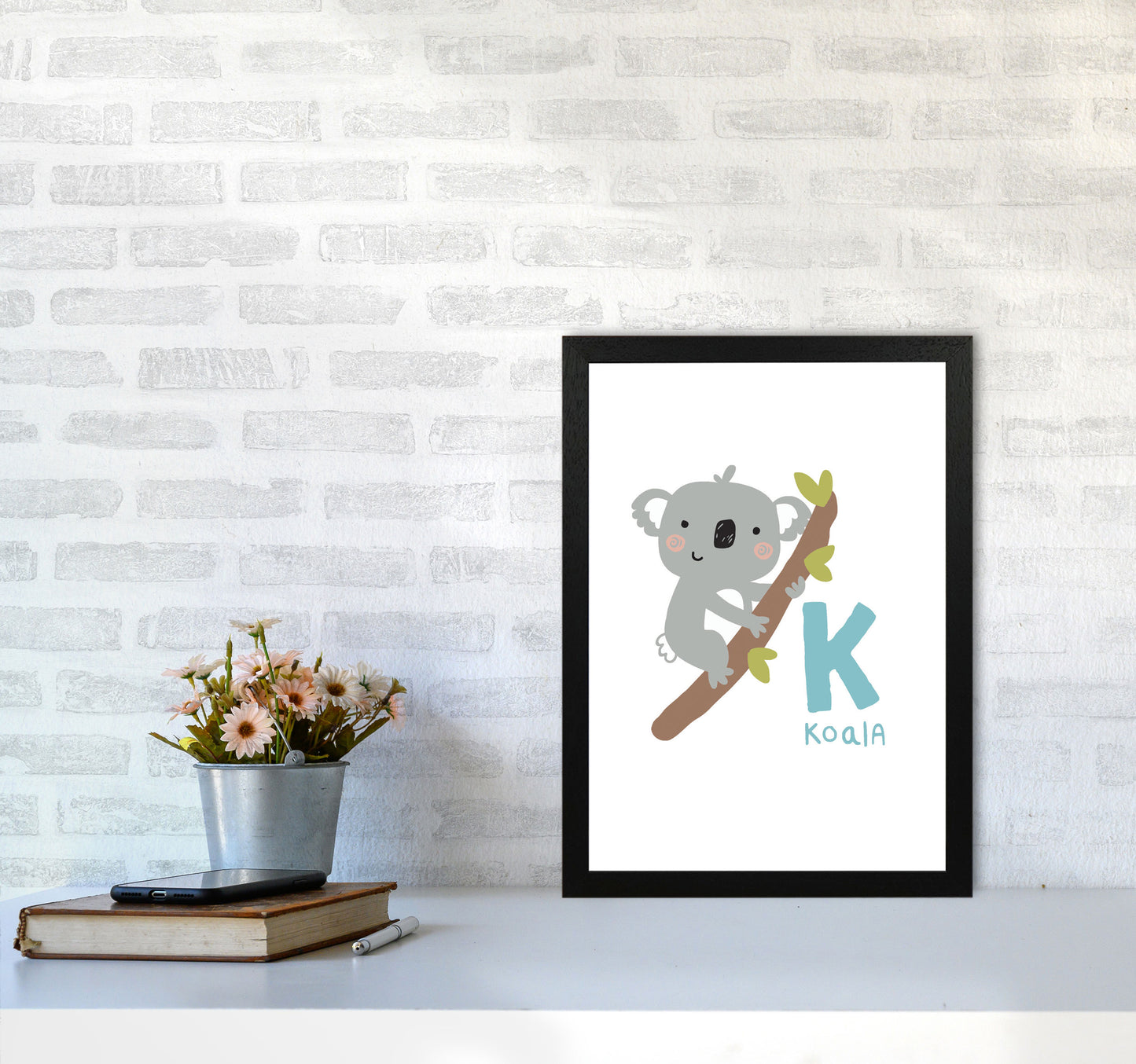 Alphabet Animals, K Is For Koala Framed Nursey Wall Art Print A3 White Frame