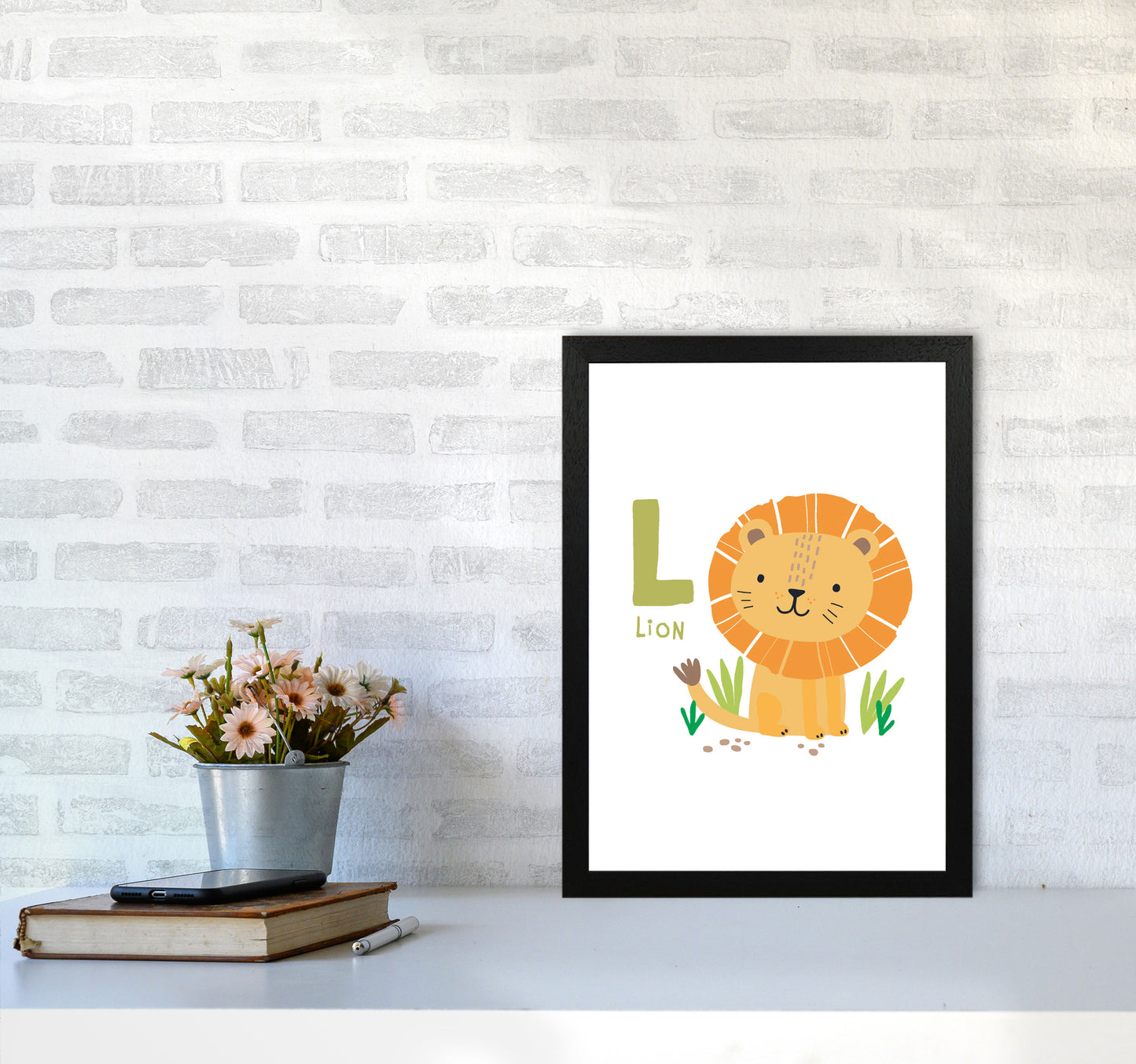 Alphabet Animals, L Is For Lion Framed Nursey Wall Art Print A3 White Frame
