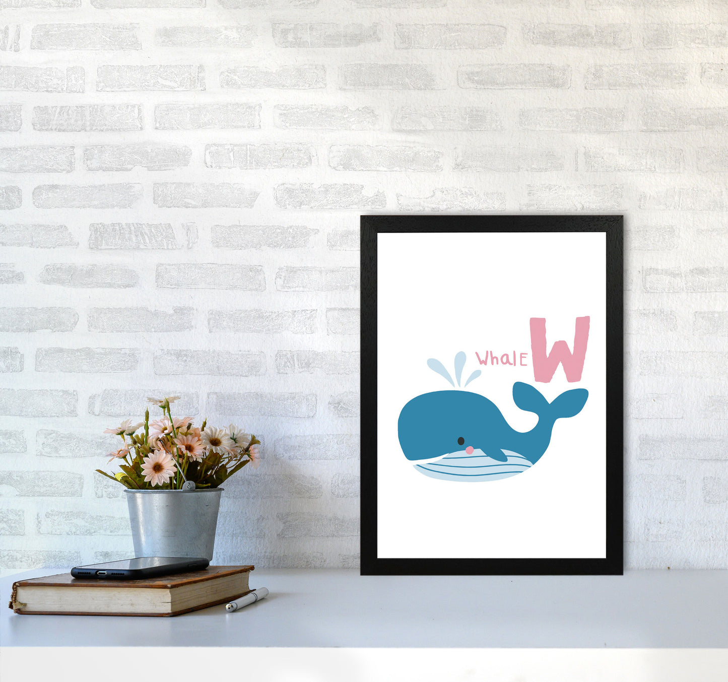 Alphabet Animals, W Is For Whale Framed Nursey Wall Art Print A3 White Frame