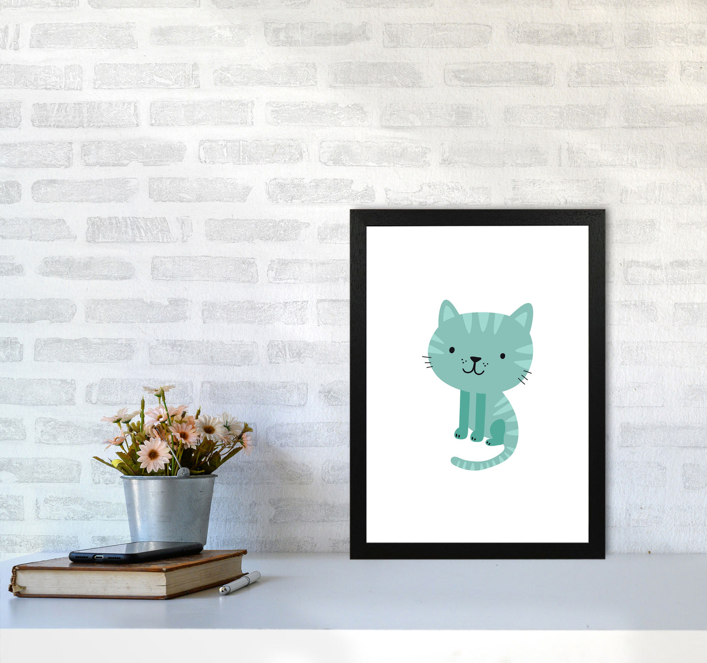 Children's Animals, Cat Modern Print A3 White Frame
