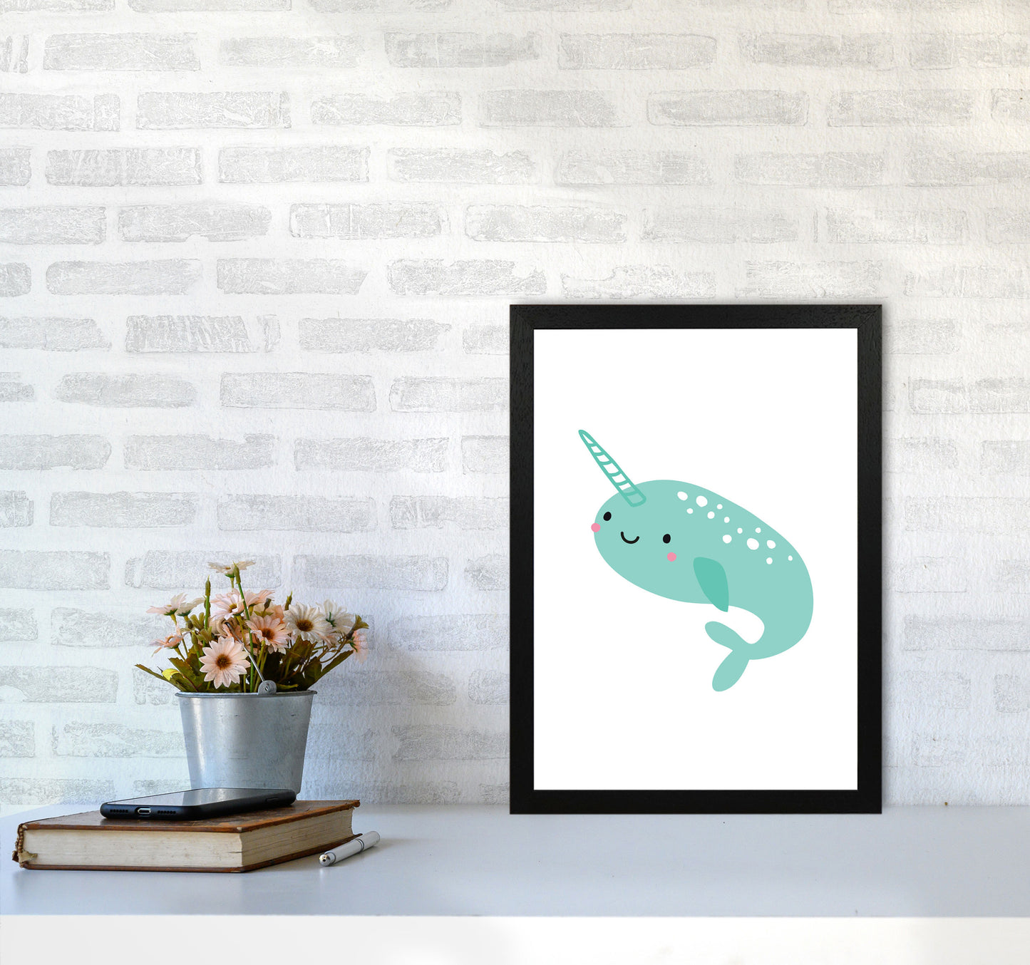 Children's Animals, Narwhal Modern Print A3 White Frame