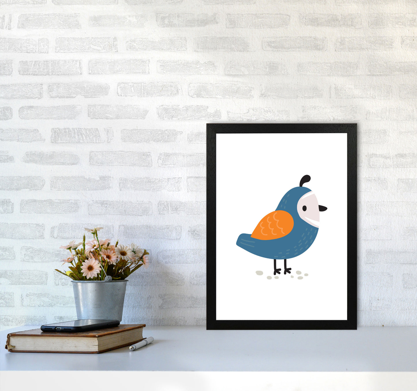 Children's Animals, Quail Modern Print A3 White Frame