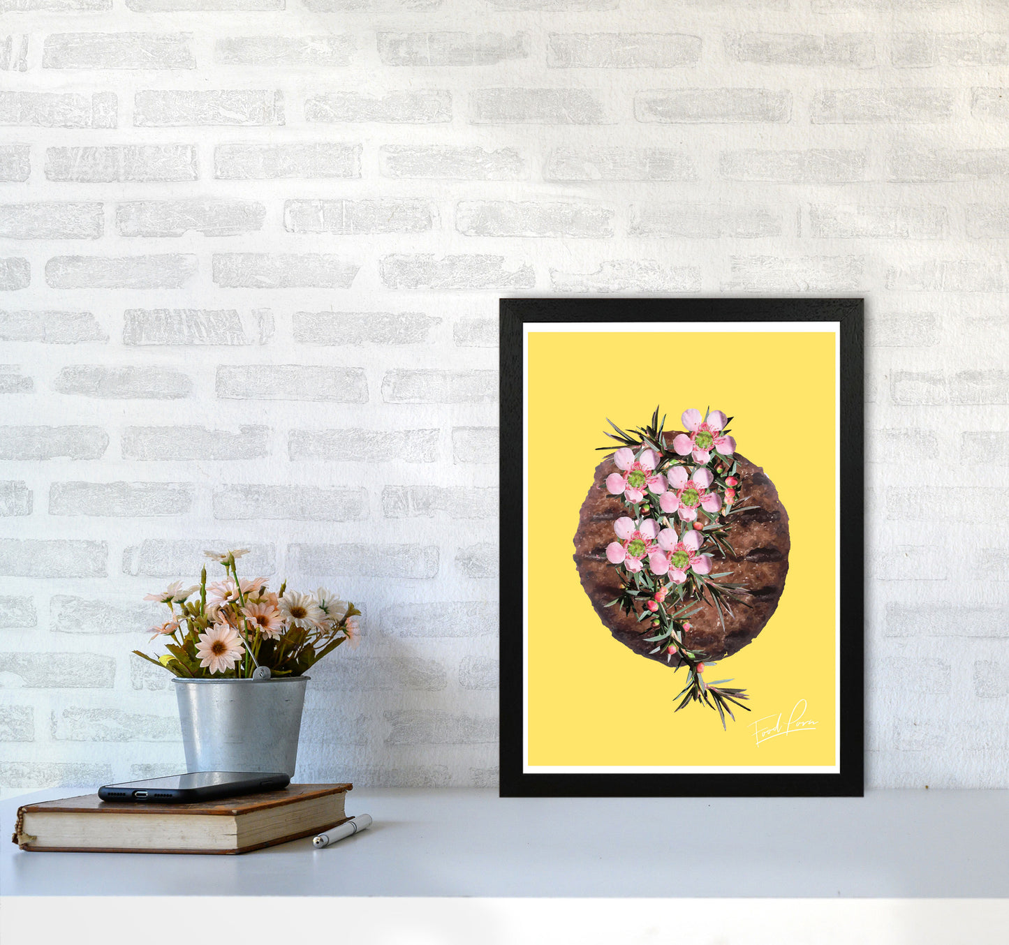 Yellow Burger Food Print, Framed Kitchen Wall Art A3 White Frame