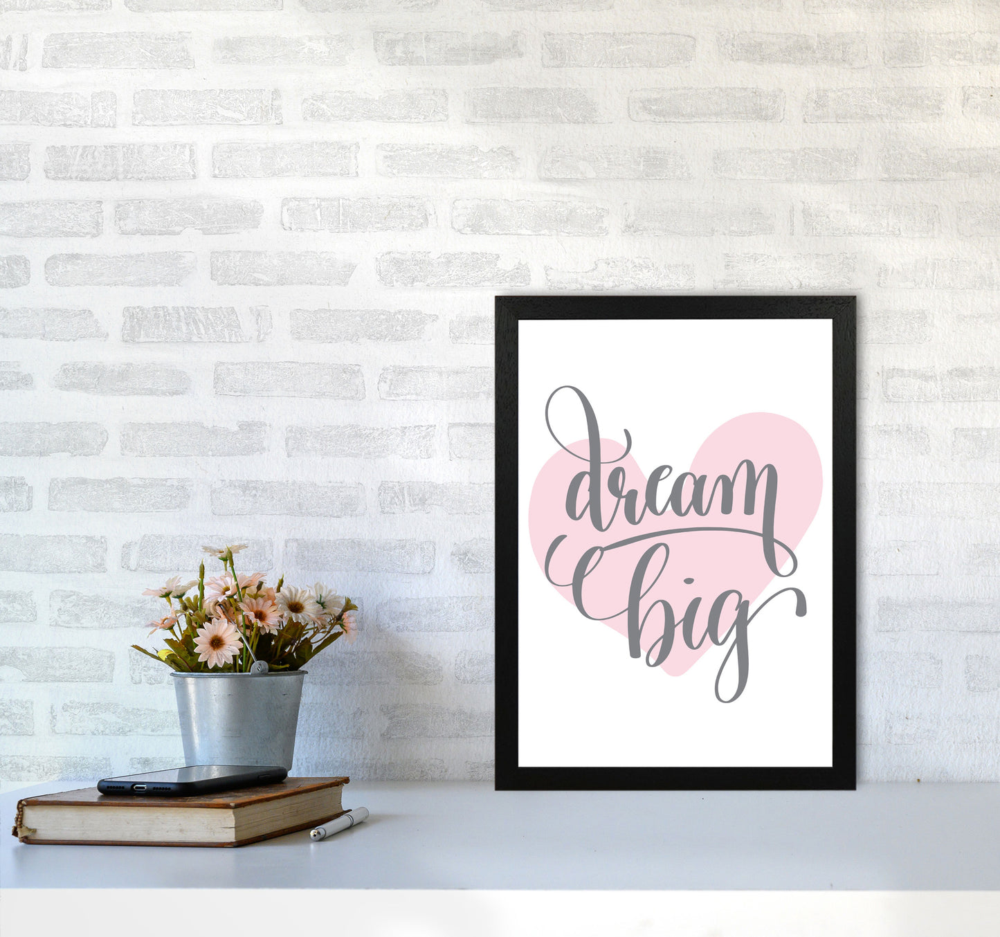 Dream Big Pink Heart Framed Nursey Wall Art Print A3 White Frame