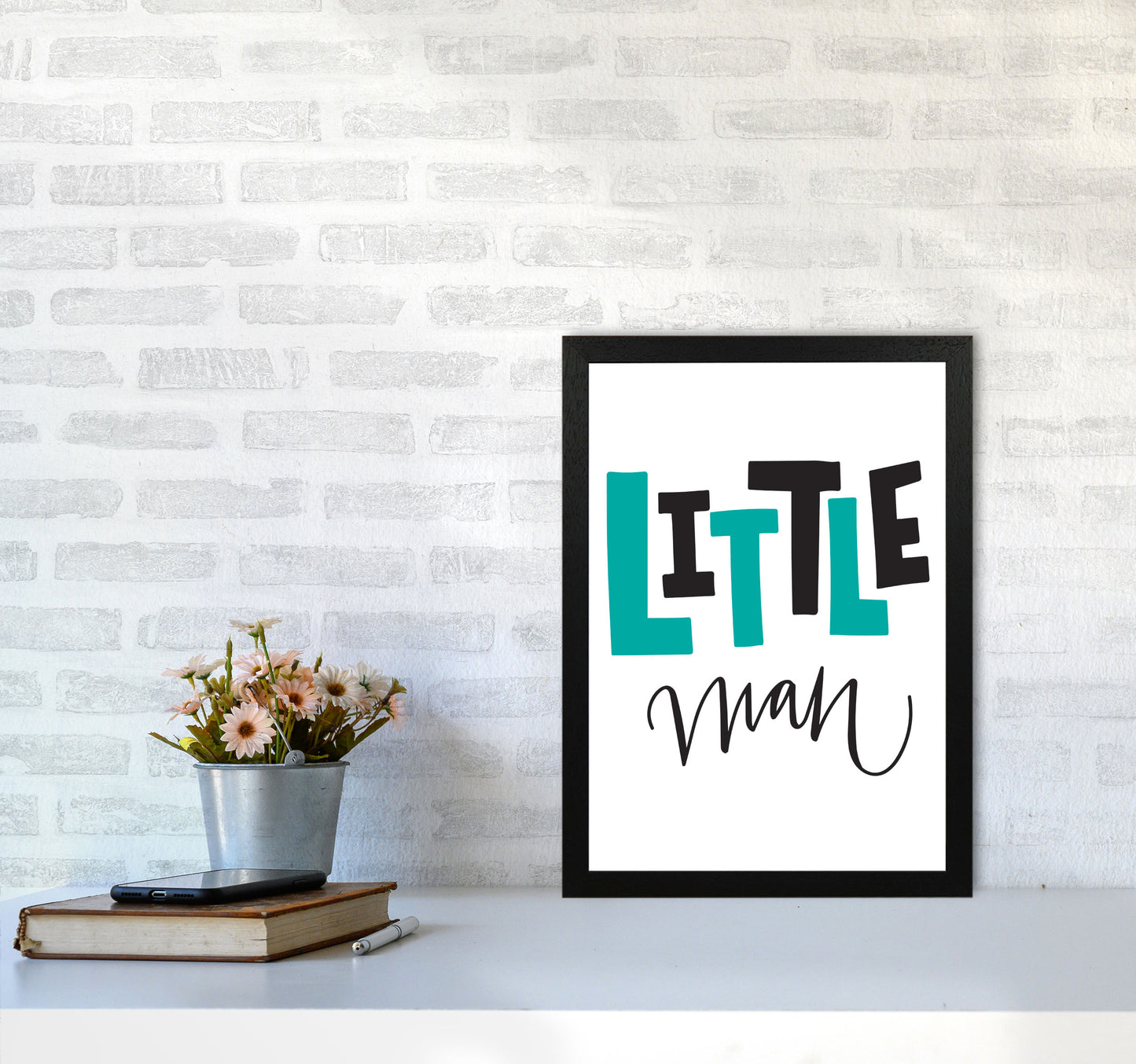 Little Man Teal And Black Framed Nursey Wall Art Print A3 White Frame