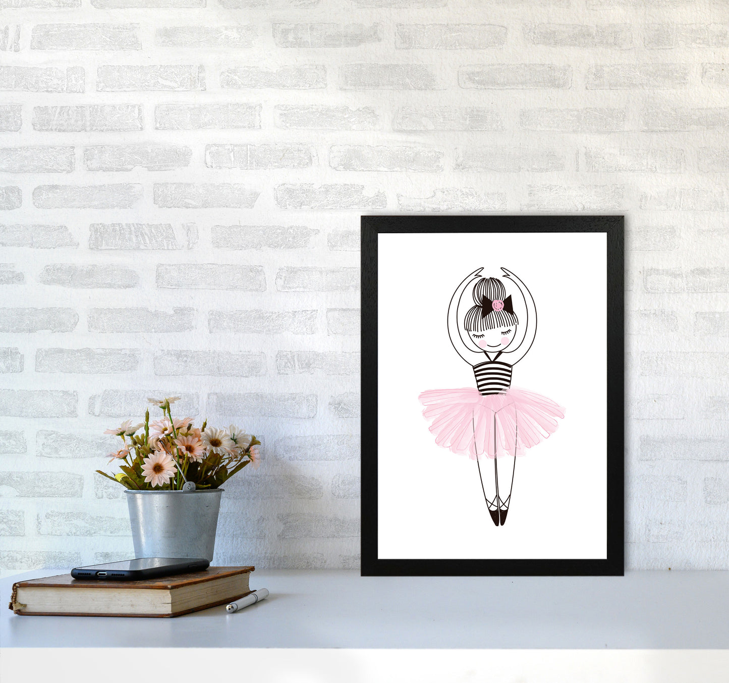 Girl's Ballerina Drawing Multi Set Illustration Wall Art Poster Print A3 White Frame