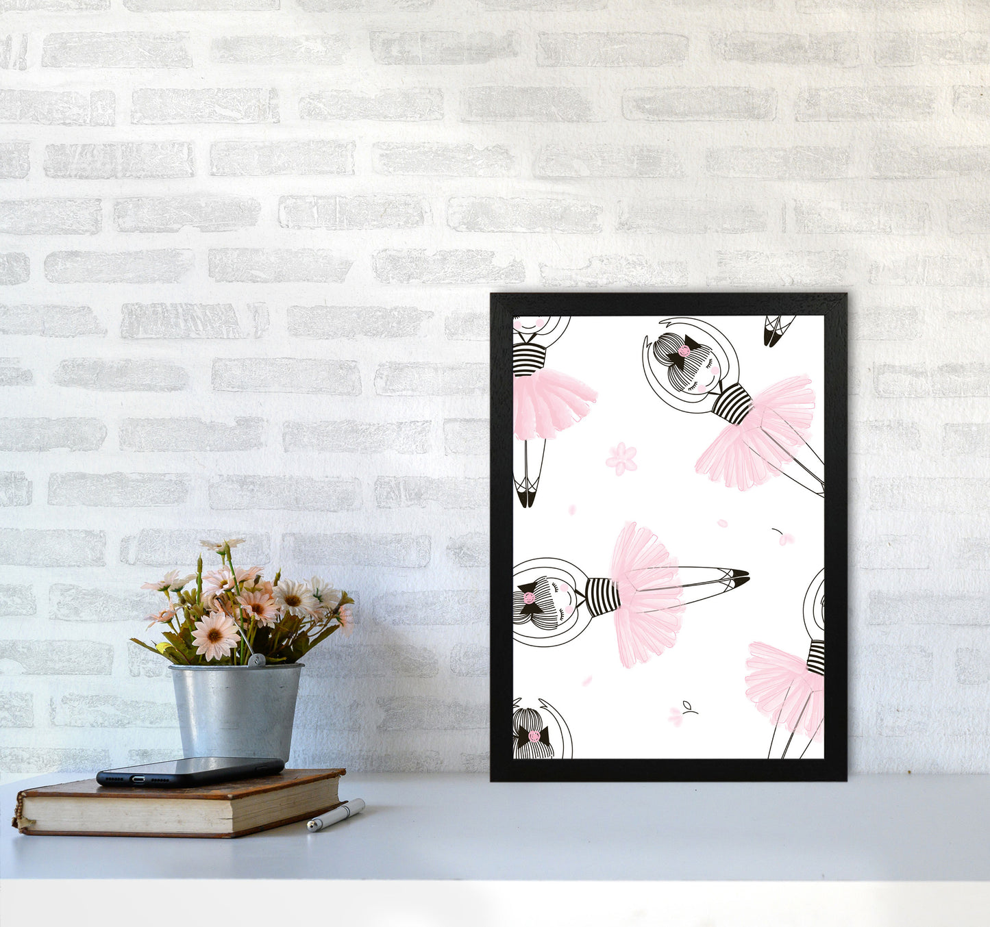 Ballerina Repeat Pattern Framed Nursey Wall Art Print A3 White Frame