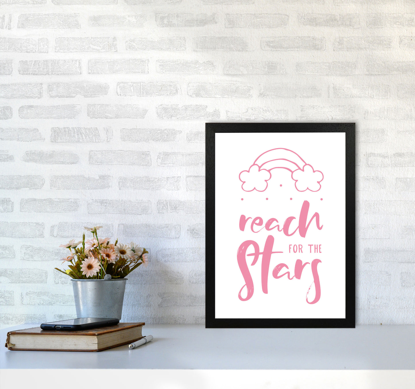 Reach For The Stars Pink Modern Print A3 White Frame