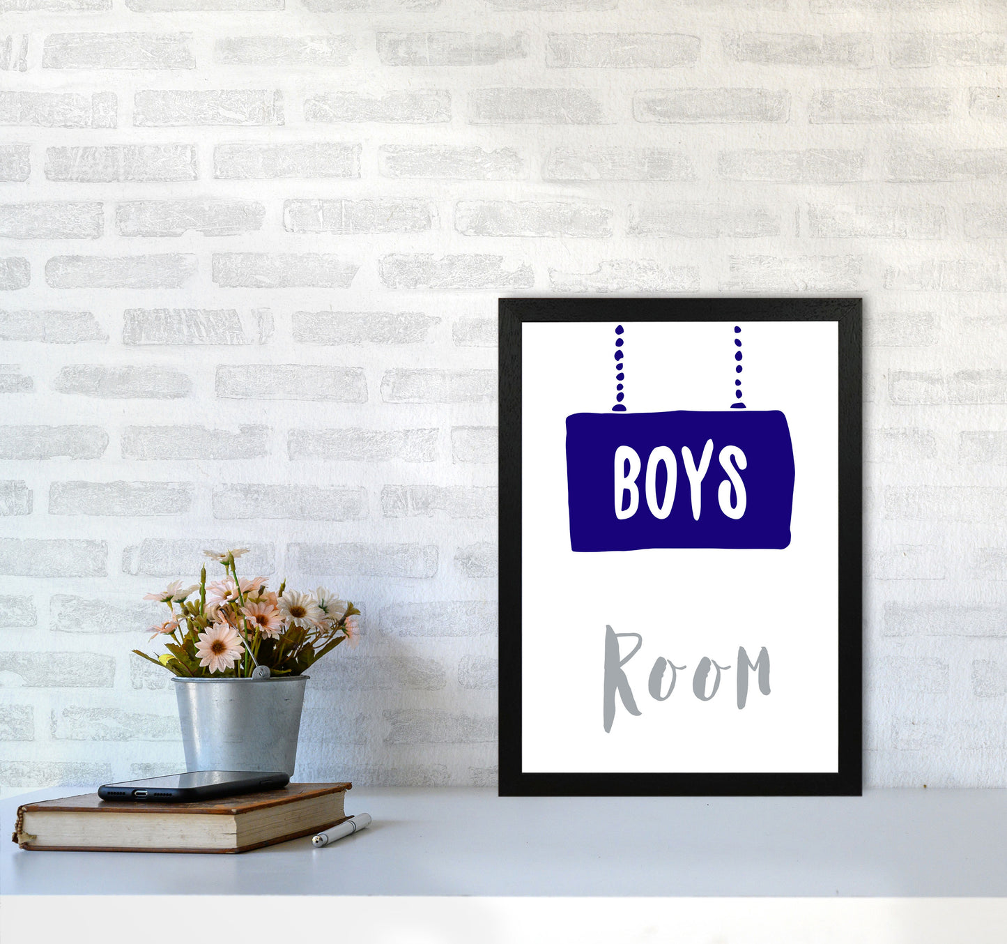 Boys Room Navy Framed Nursey Wall Art Print A3 White Frame