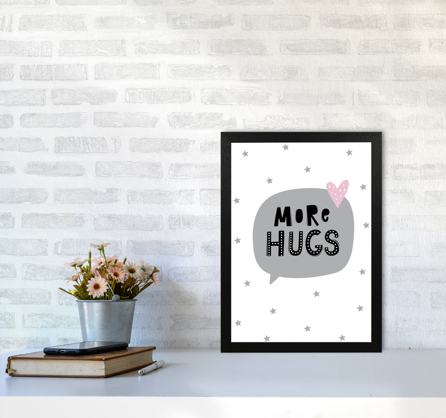 More Hugs Speech Bubble Framed Typography Wall Art Print A3 White Frame