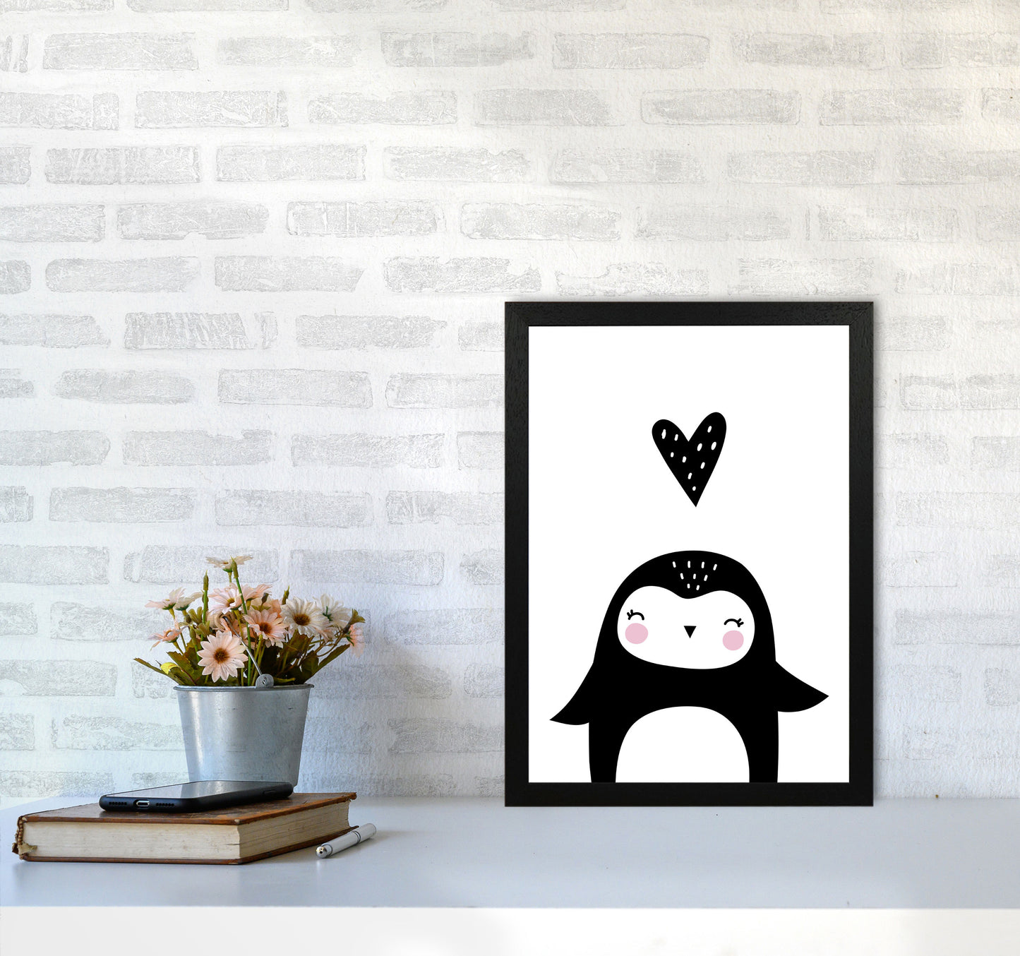 Penguin And Heart Modern Print Animal Art Print A3 White Frame