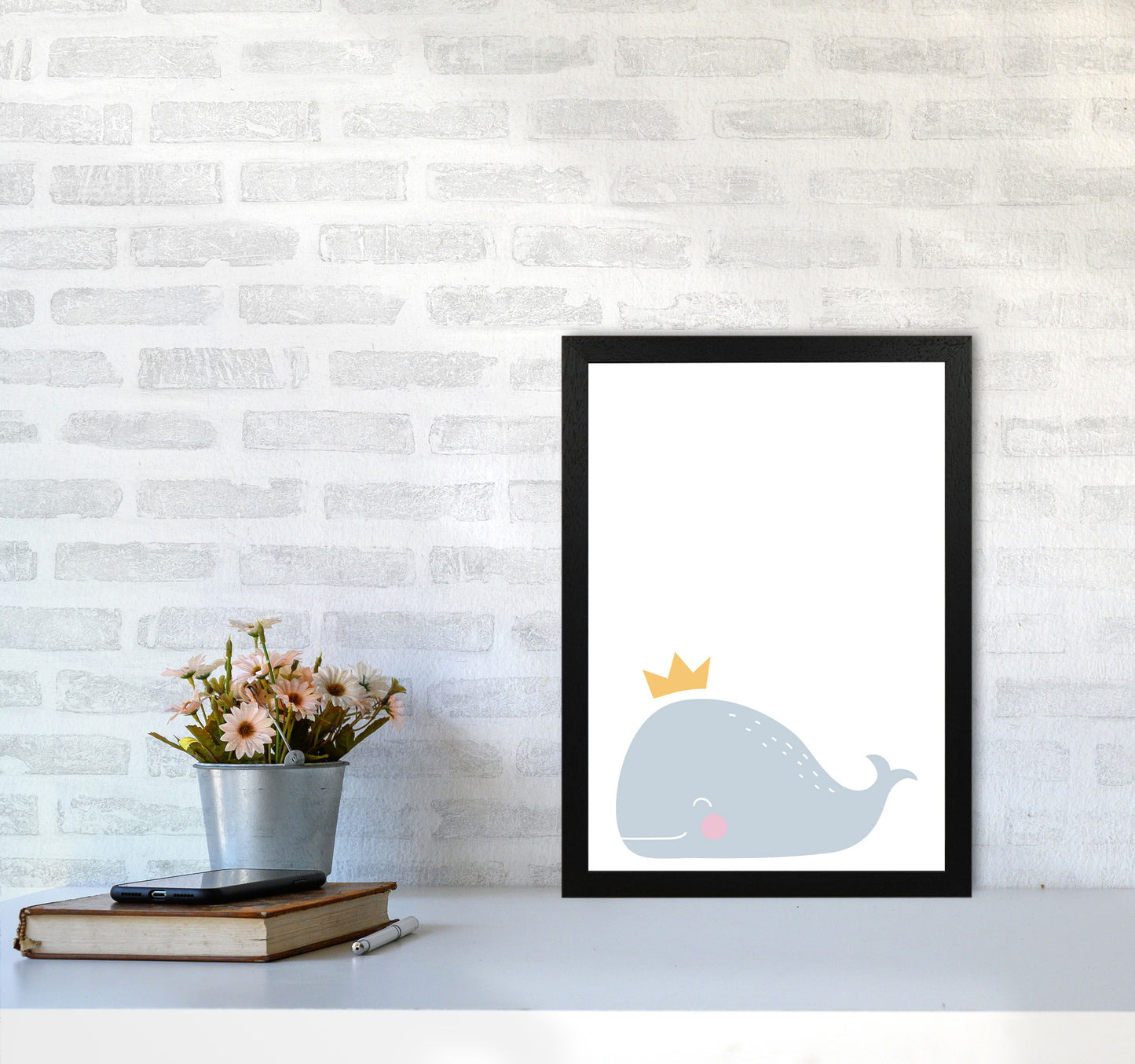 Whale With Crown Framed Nursey Wall Art Print A3 White Frame