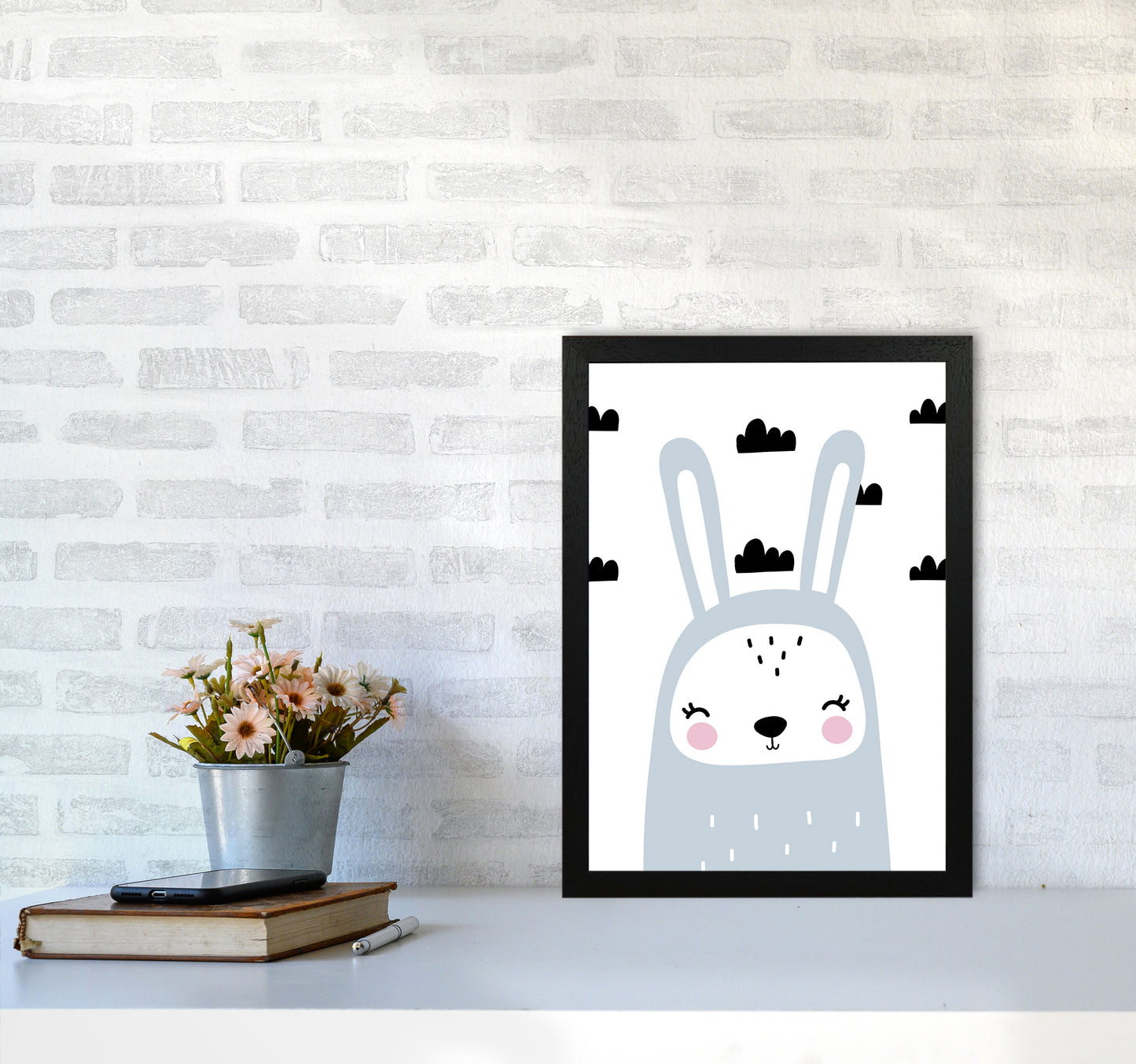 Blue Scandi Bunny With Clouds Modern Print Animal Art Print A3 White Frame