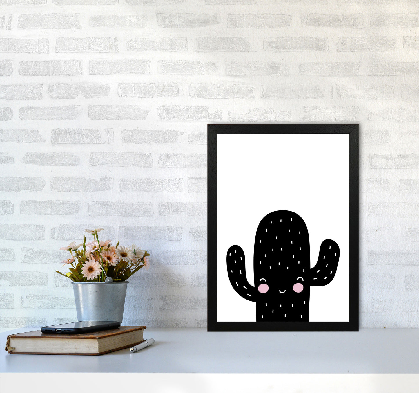 Black Scandi Cactus Modern Print, Framed Botanical & Nature Art Print A3 White Frame