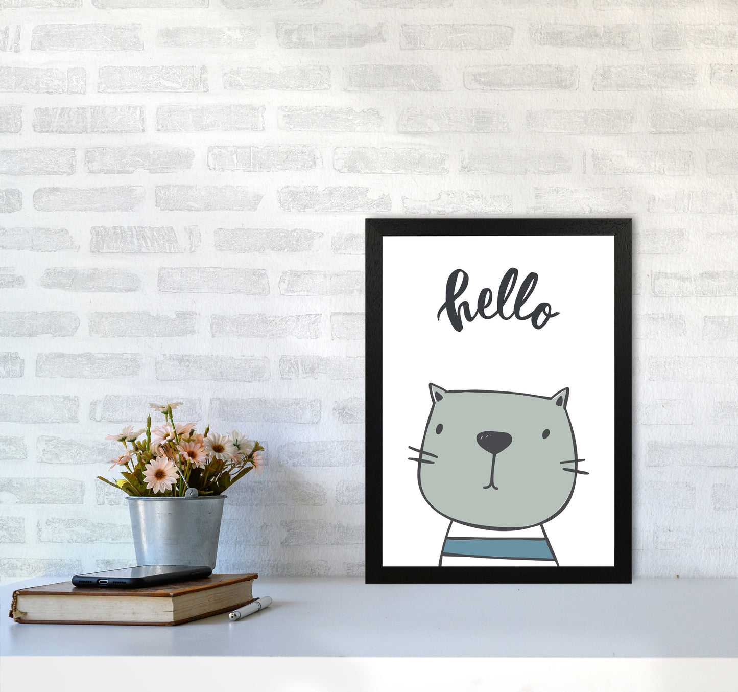 Hello Cat Modern Print Animal Art Print A3 White Frame