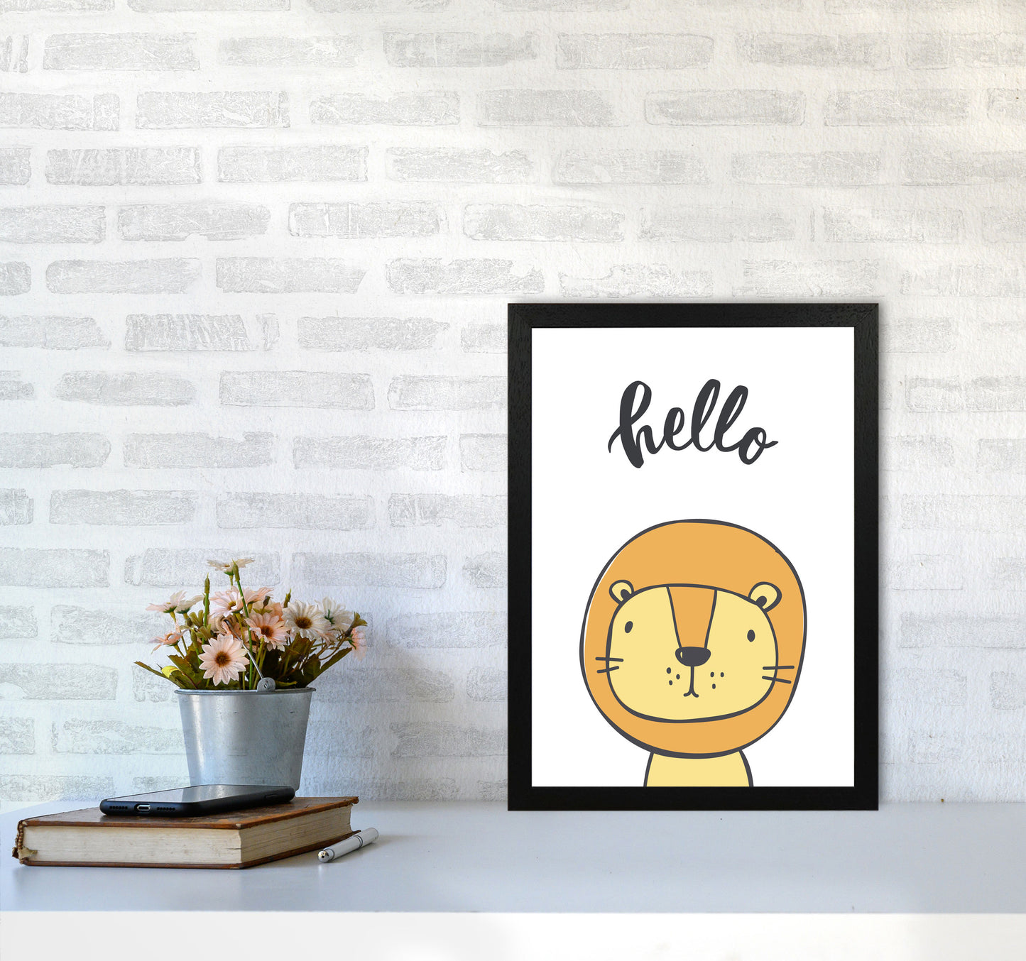 Hello Lion Modern Print Animal Art Print A3 White Frame