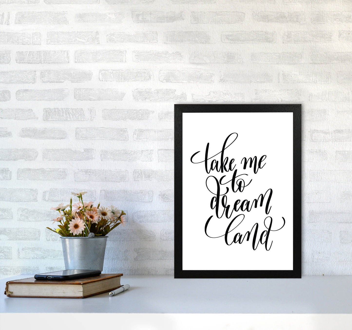 Take Me To Dream Land Black Modern Print A3 White Frame