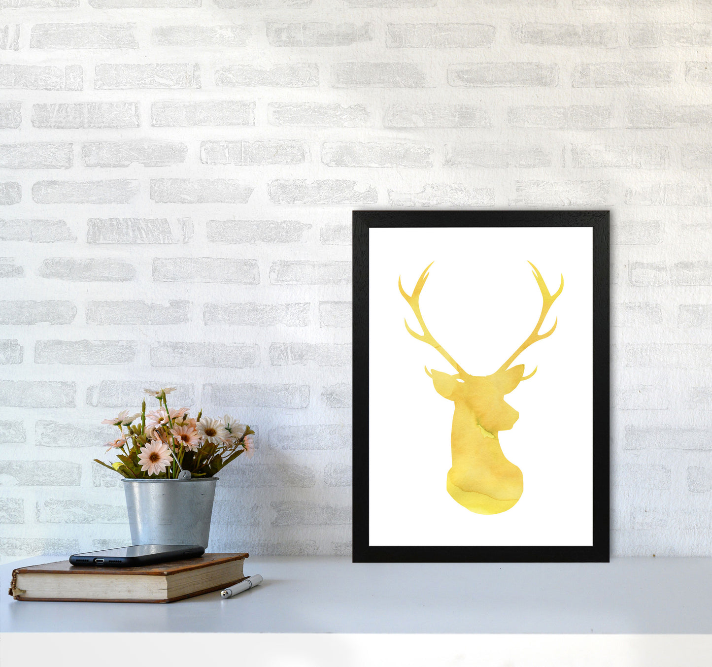 Stags Head Watercolour Modern Print Animal Art Print A3 White Frame