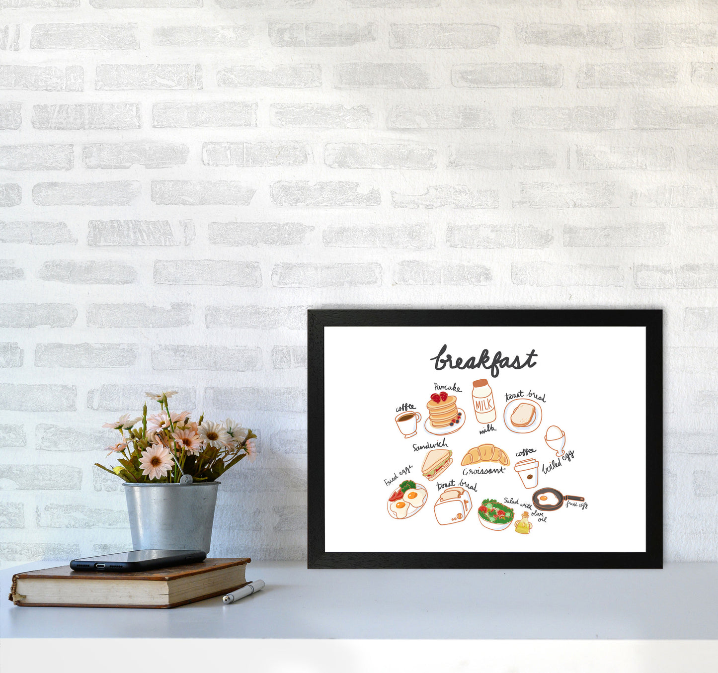 Breakfast Collection Landscape Modern Print, Framed Kitchen Wall Art A3 White Frame