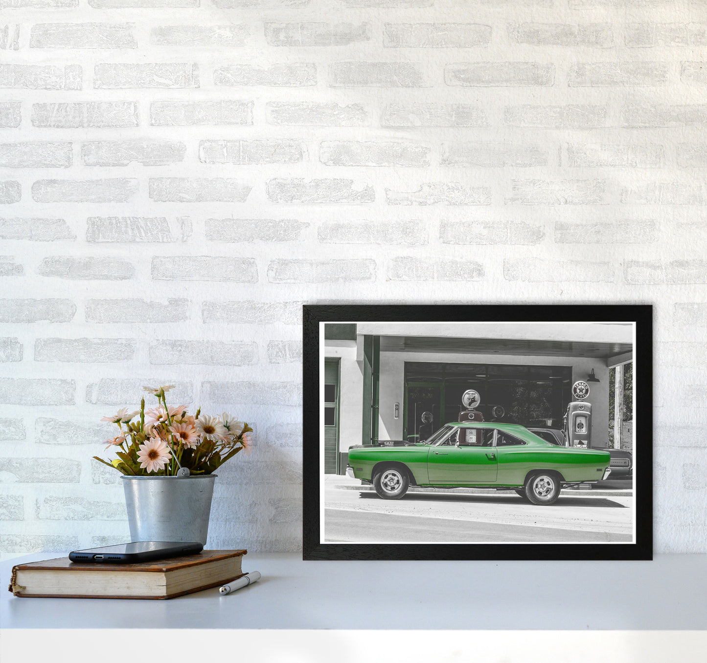 Green Car Modern Print A3 White Frame
