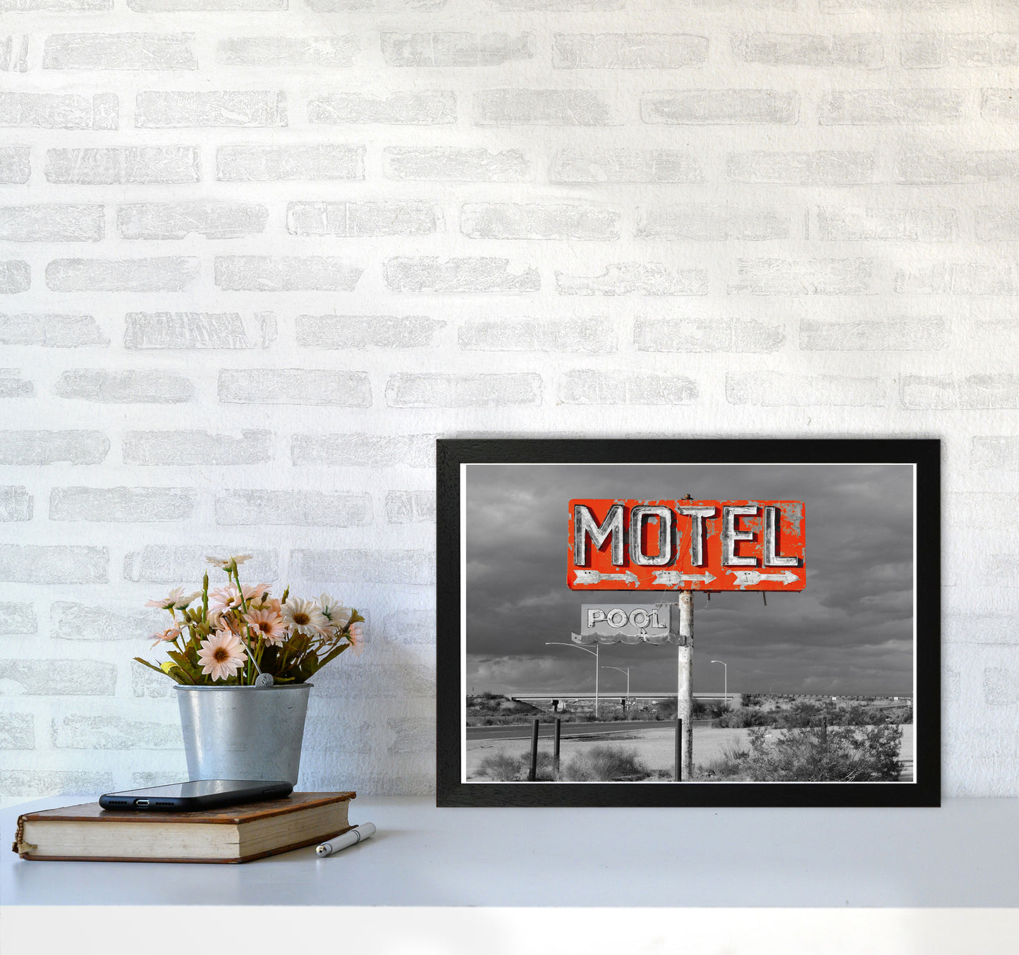 Red Motel Sign Modern Print A3 White Frame