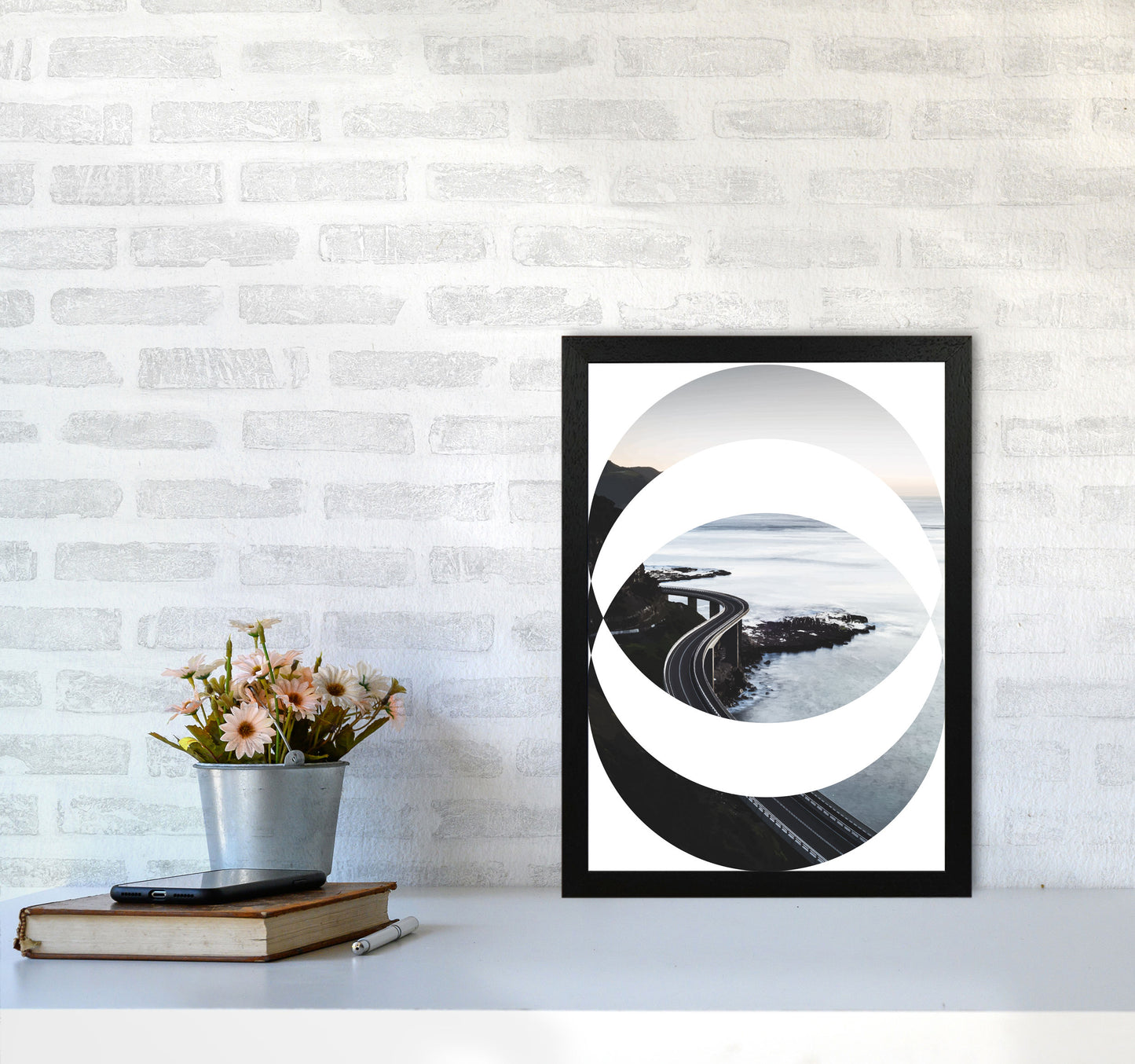 Black Road Oval Modern Print, Framed Botanical & Nature Art Print A3 White Frame
