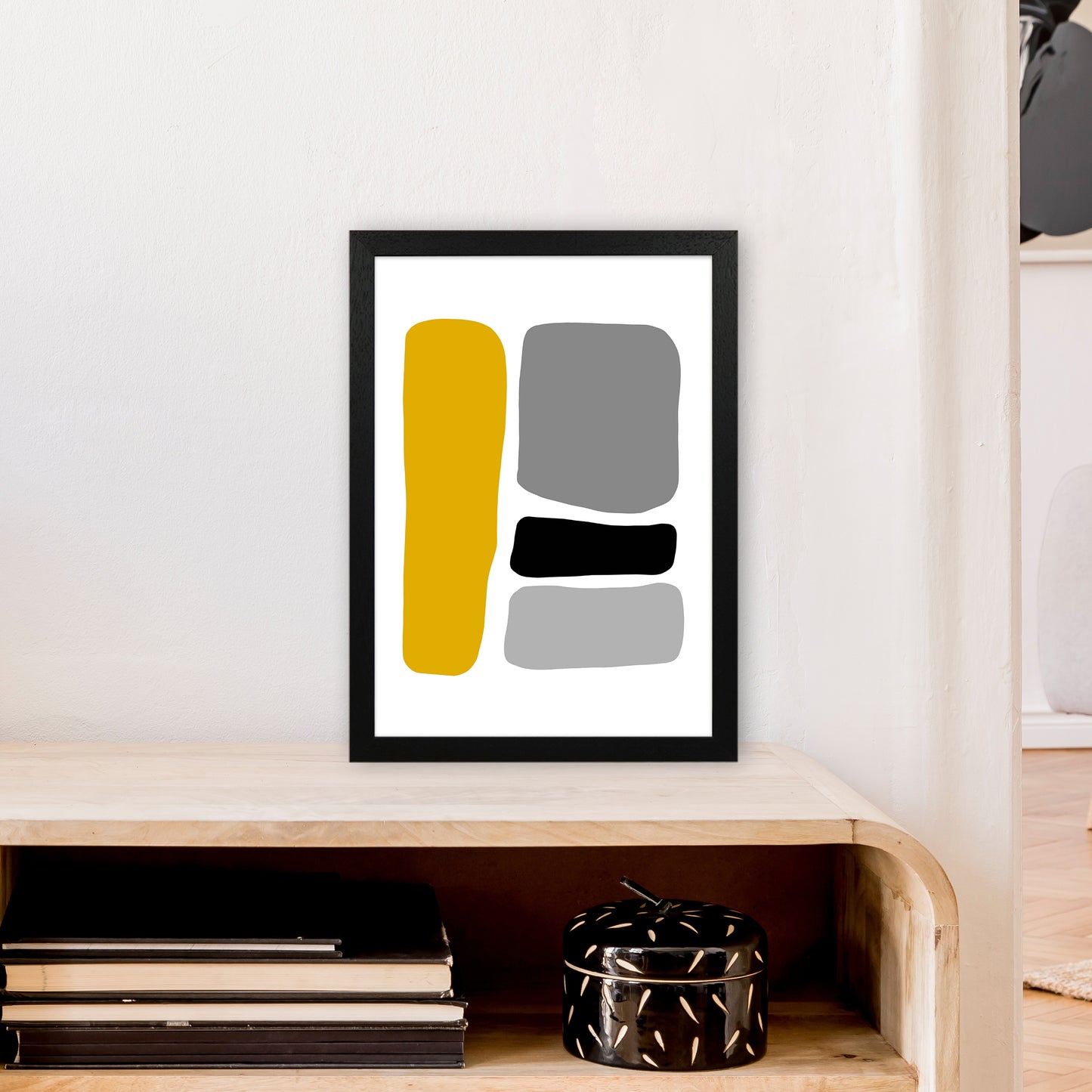 Mustard And Black Abstract Stones 1 Art Print by Pixy Paper A3 White Frame