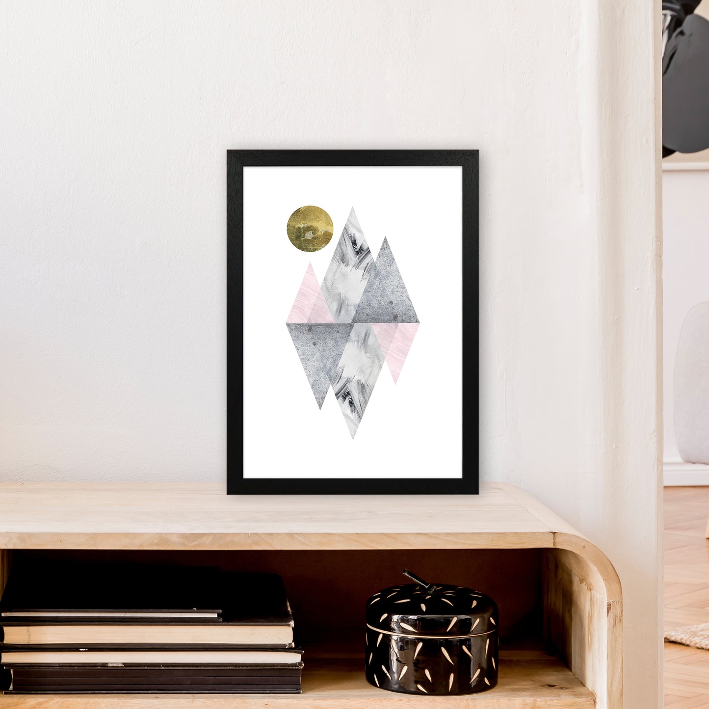 Luna Pink And Grey Diamonds With Gold Moon Art Print by Pixy Paper A3 White Frame
