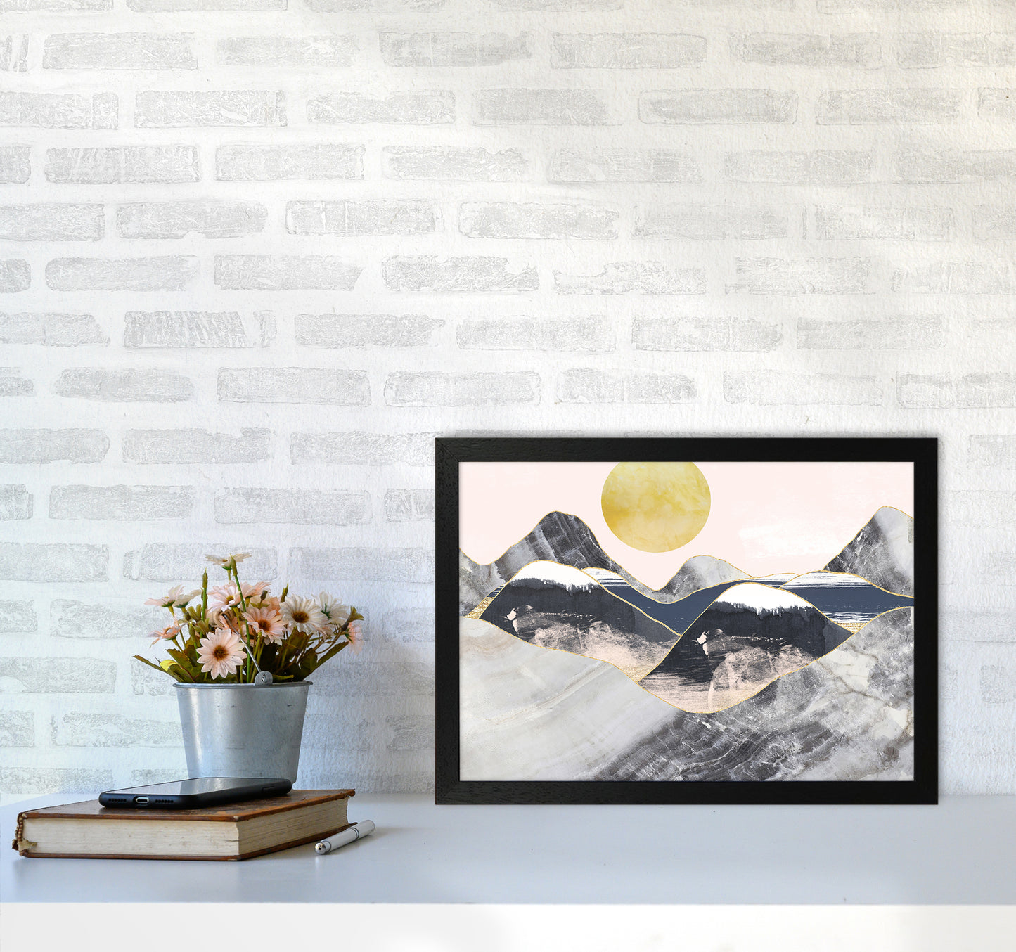 Gold Moon Navy Marble Mountains Landscape Art Print by Pixy Paper A3 White Frame