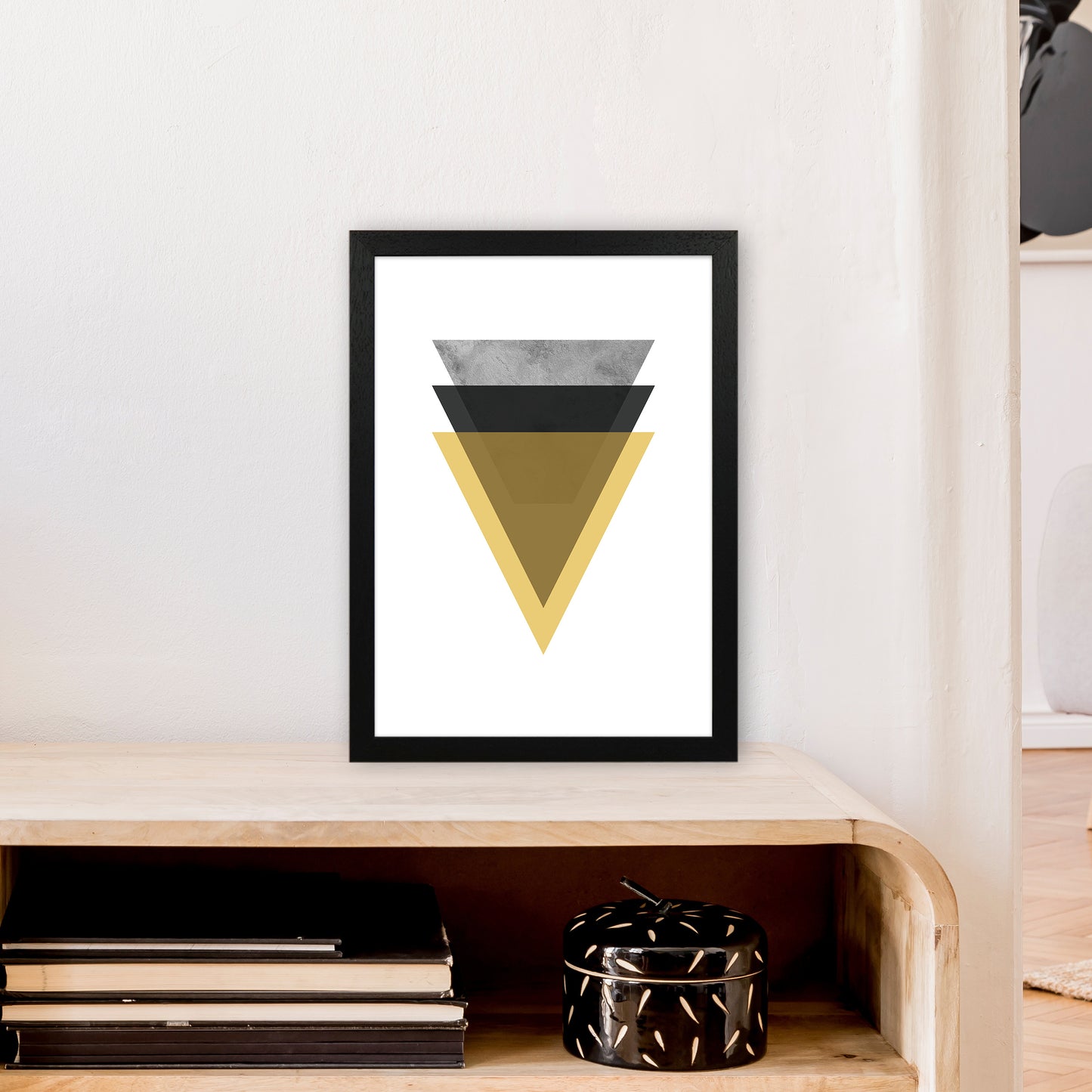 Geometric Mustard And Black Triangles Art Print by Pixy Paper A3 White Frame