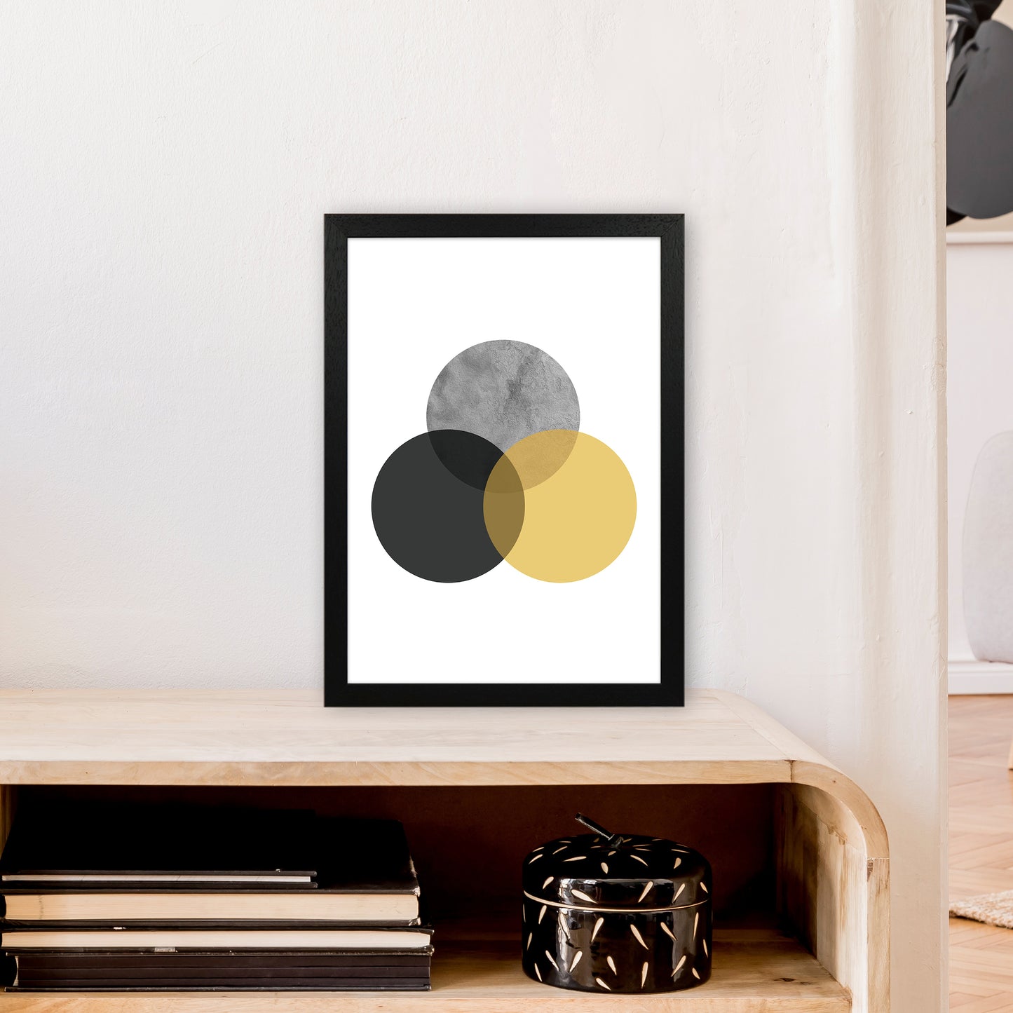 Geometric Mustard And Black Circles Art Print by Pixy Paper A3 White Frame