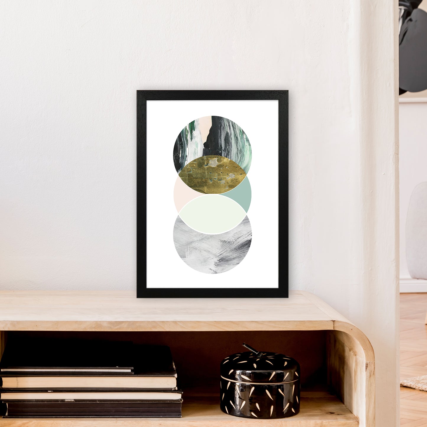 Green Marble Circles Abstract Art Print by Pixy Paper A3 White Frame