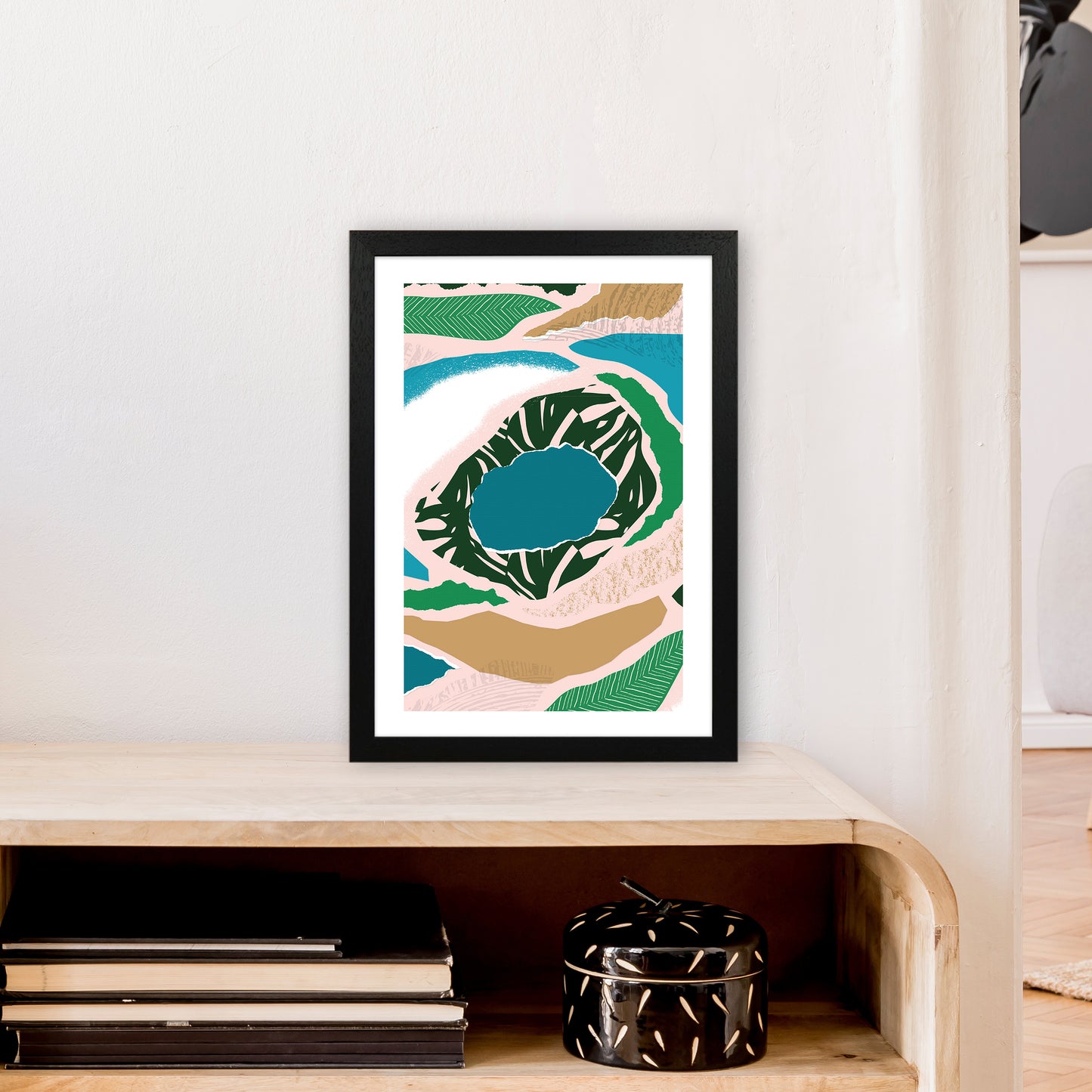 Blue Lake Jungle Abstract Art Print by Pixy Paper A3 White Frame