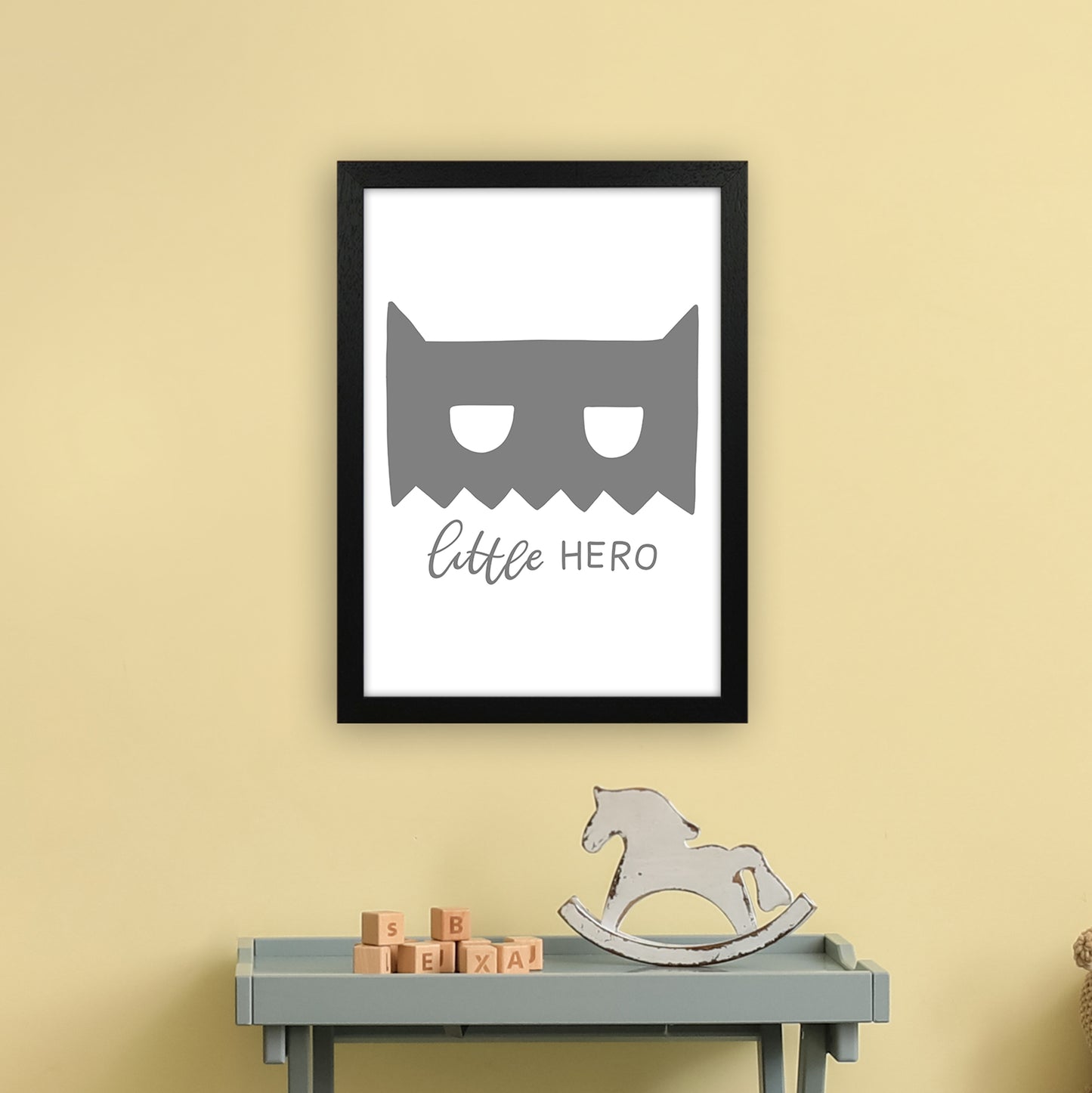 Little Hero Mask Super Scandi Grey Art Print by Pixy Paper A3 White Frame