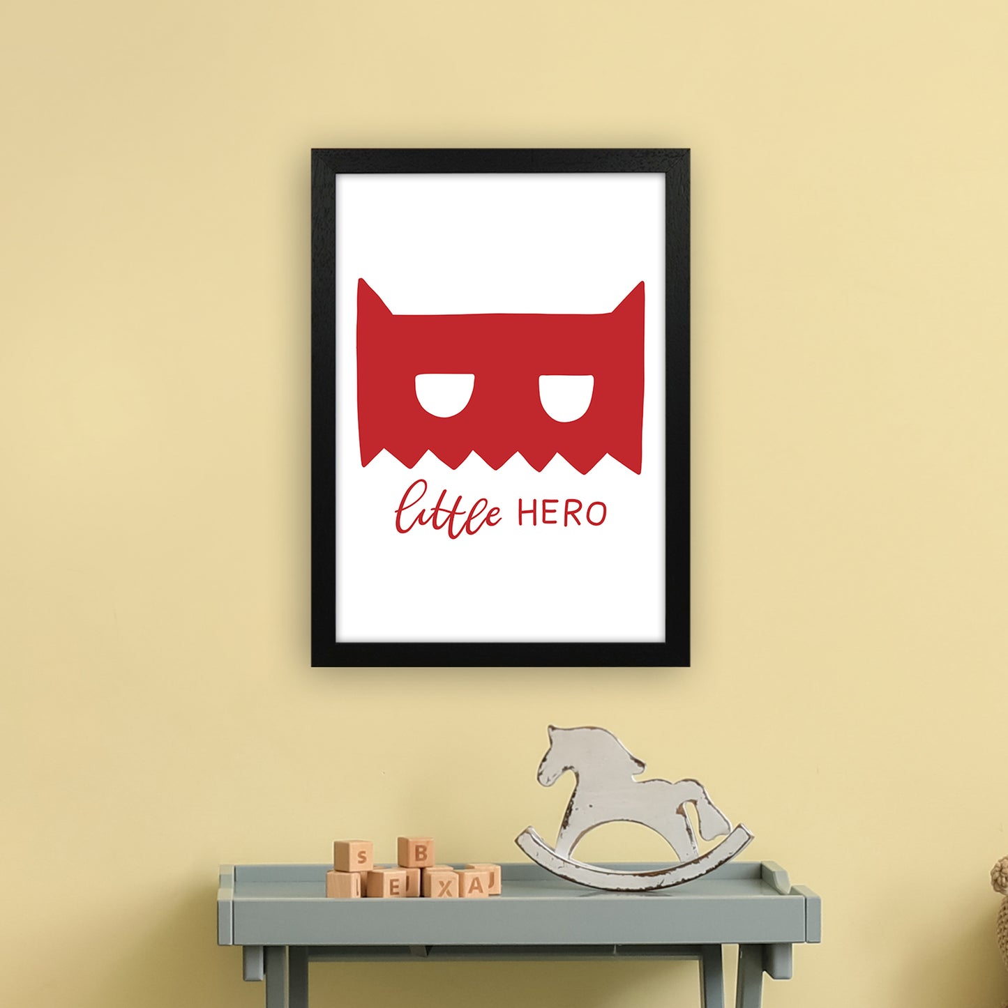 Little Hero Mask Red Super Scandi Art Print by Pixy Paper A3 White Frame