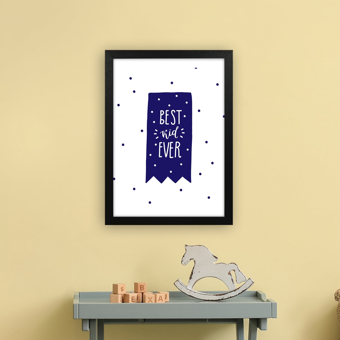 Best Kid Ever Navy Super Scandi Art Print by Pixy Paper A3 White Frame